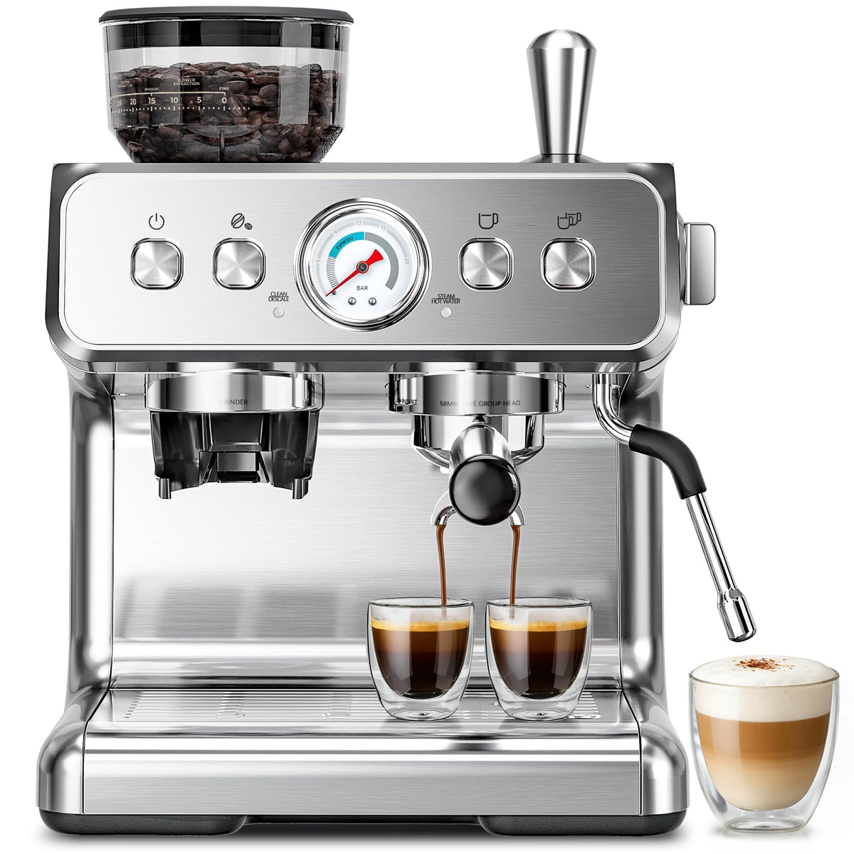 Espresso Machine with Grinder & Milk Frother, 20 Bar, PID control