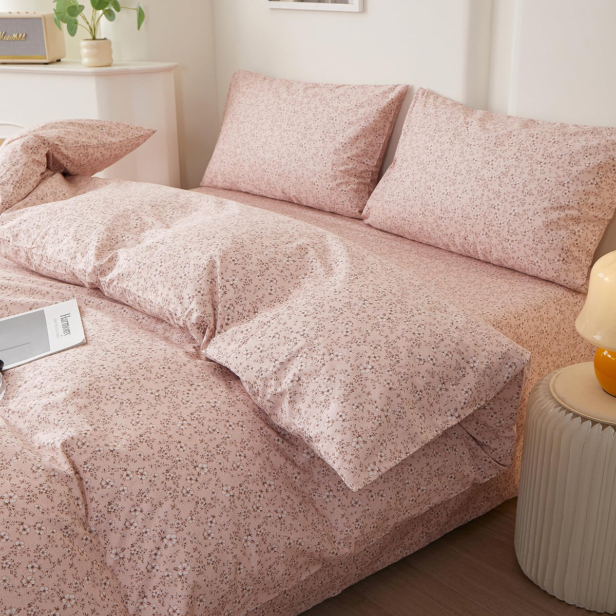 Vintage Pink Floral Duvet Cover Set, Soft 100% Cotton Botanical Flower Bedding Set, Chic Aesthetic Coquette