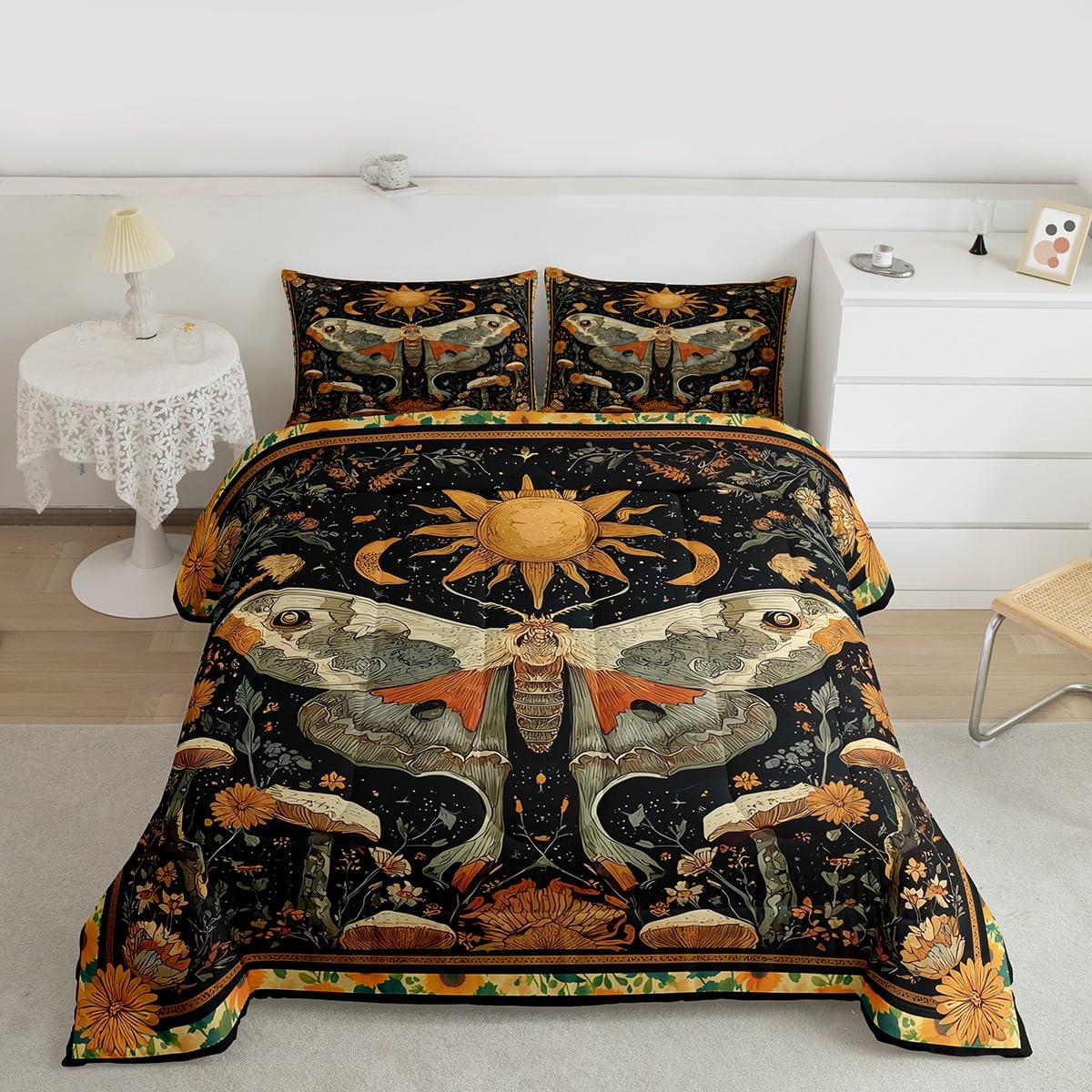 Mystical Luna Moth King Size Comforter Set, for Boho Room Decor