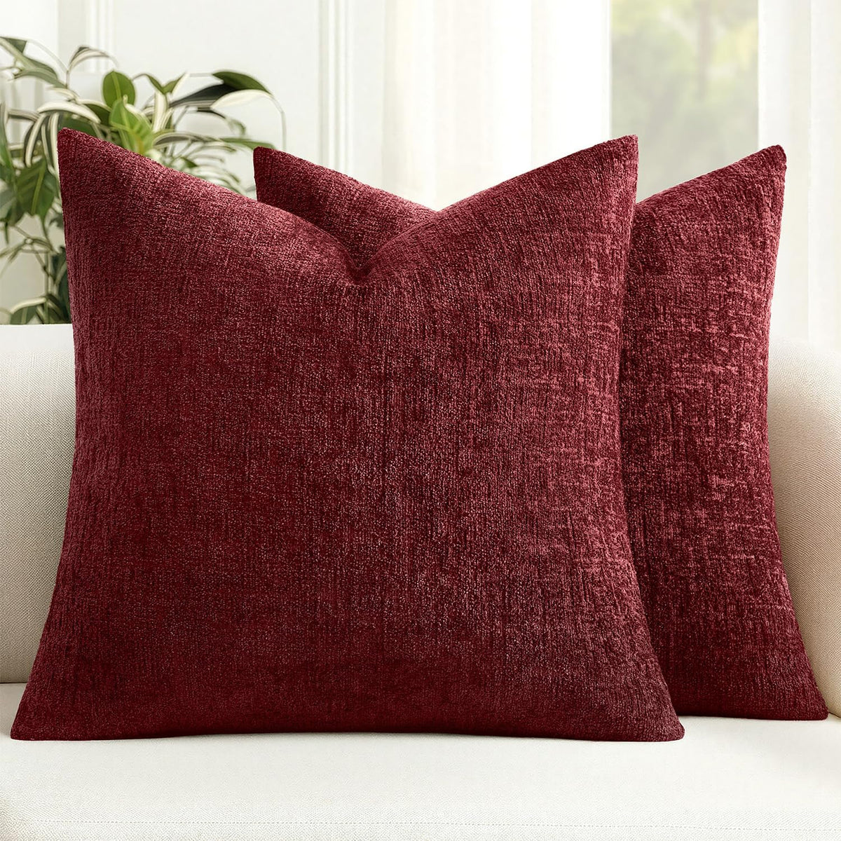 Christmas Couch Pillow Covers Textured Chenille 20x20 Burgundy - Set of 2