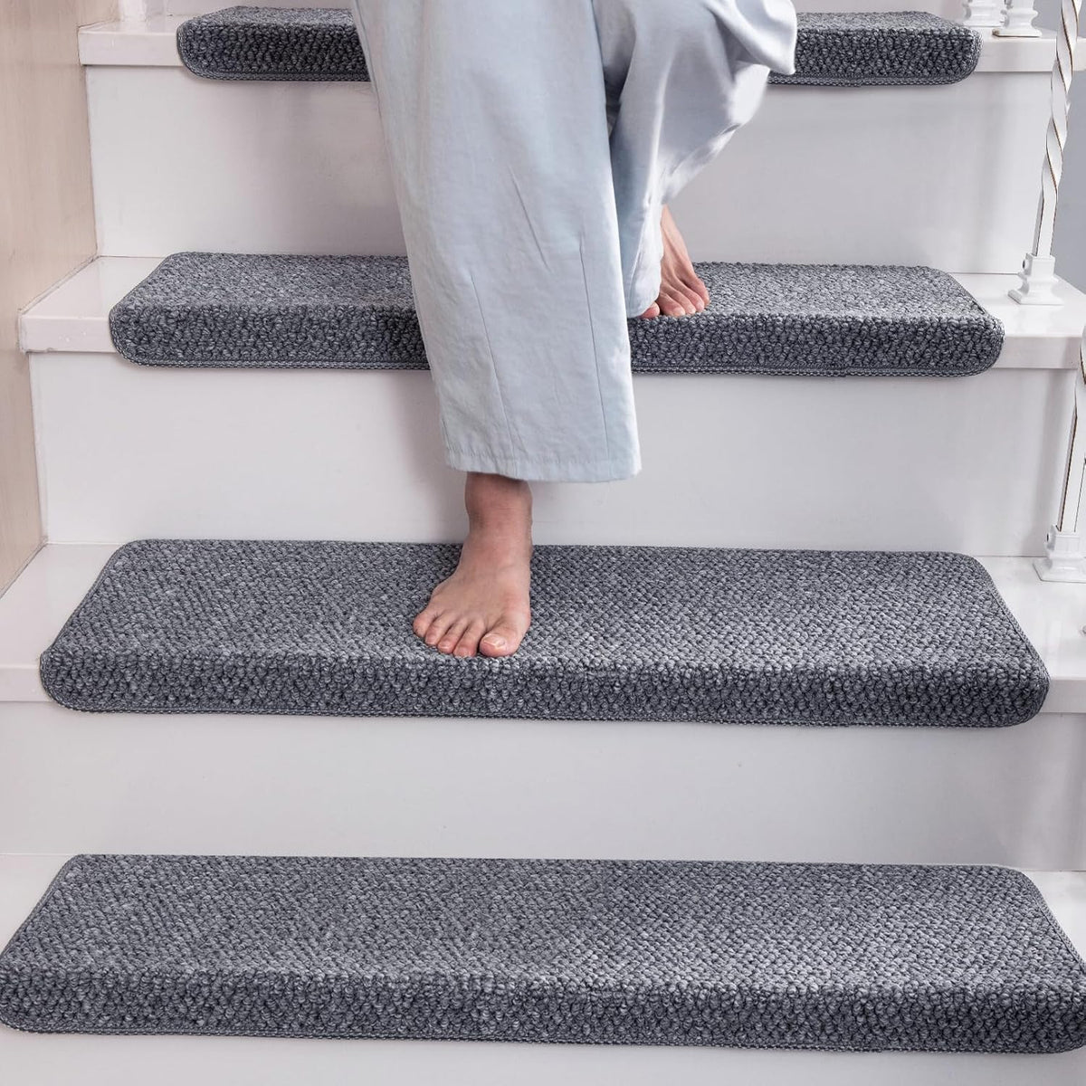 Bullnose Carpet Stair Treads Faux Sisal for Wooden Steps Indoor | Set of 14 Anti Slip Indoor Staircase Protector Rugs
