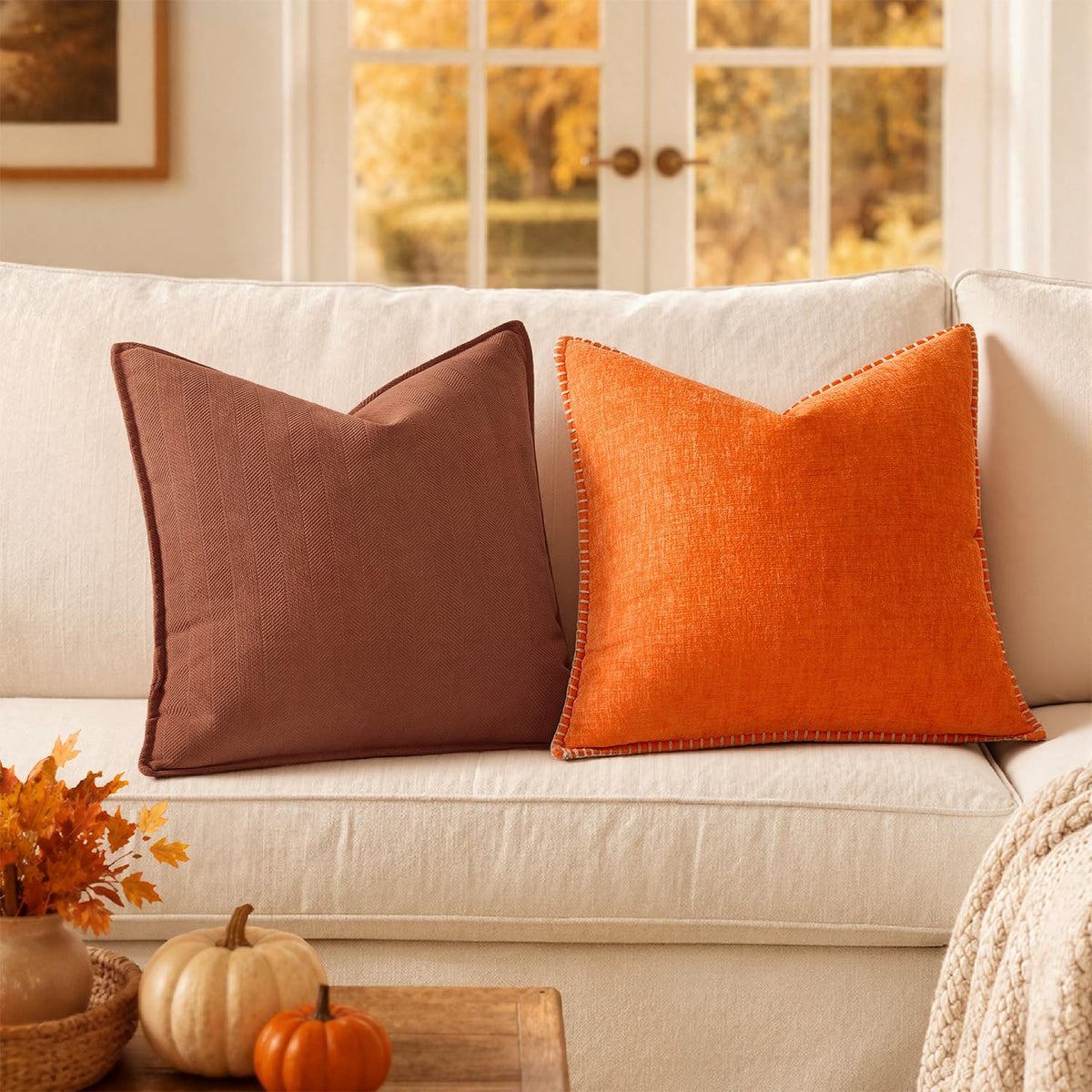 Pack of 2 Fall Burnt Orange Decorative Chenille Pillow Covers 18x18