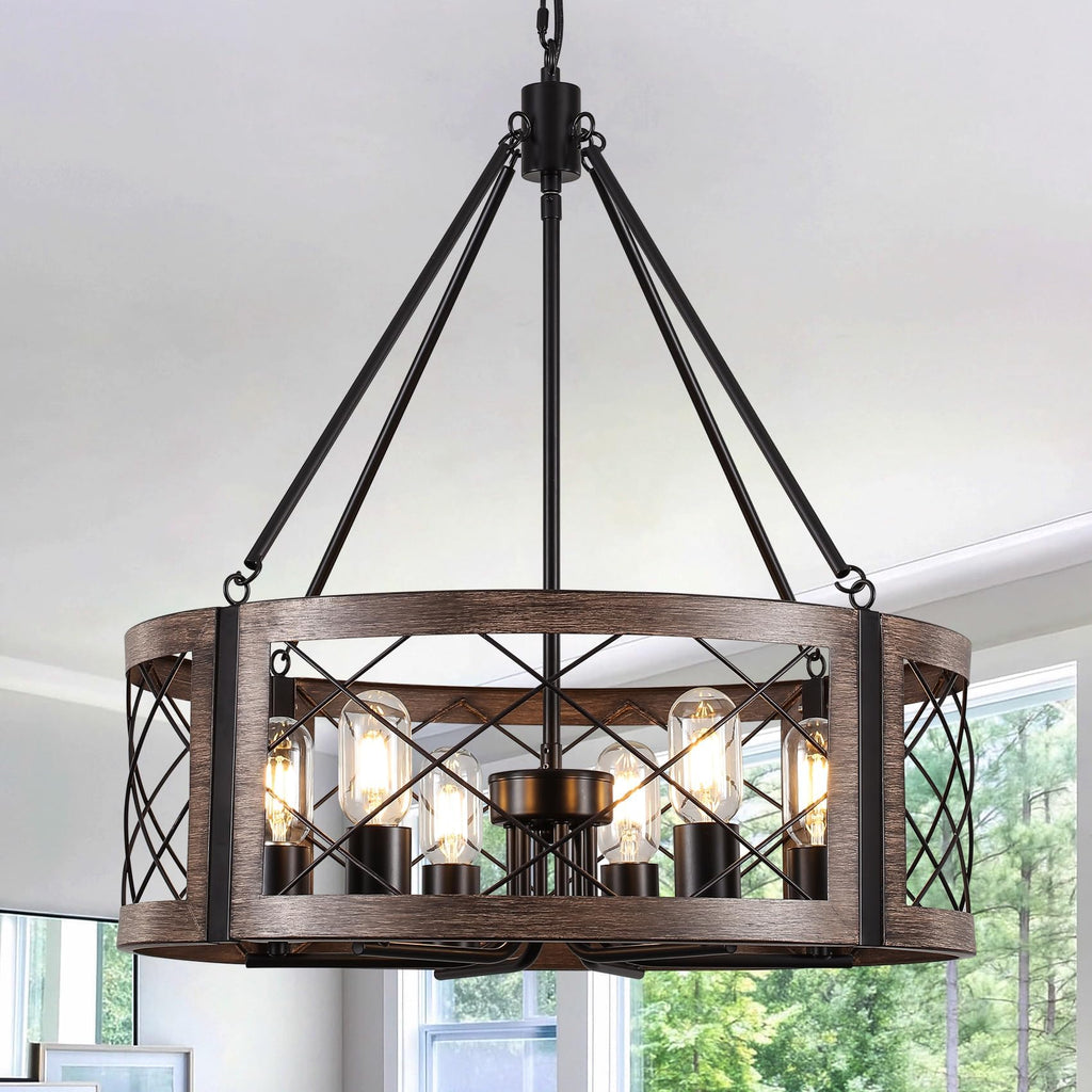 Farmhouse Drum Chandelier, 22" Rustic Black Chandelier with Wood Grain Finish, 6-Light Round Cage Hanging Chandelier