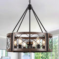 Farmhouse Drum Chandelier, 22" Rustic Black Chandelier with Wood Grain Finish, 6-Light Round Cage Hanging Chandelier