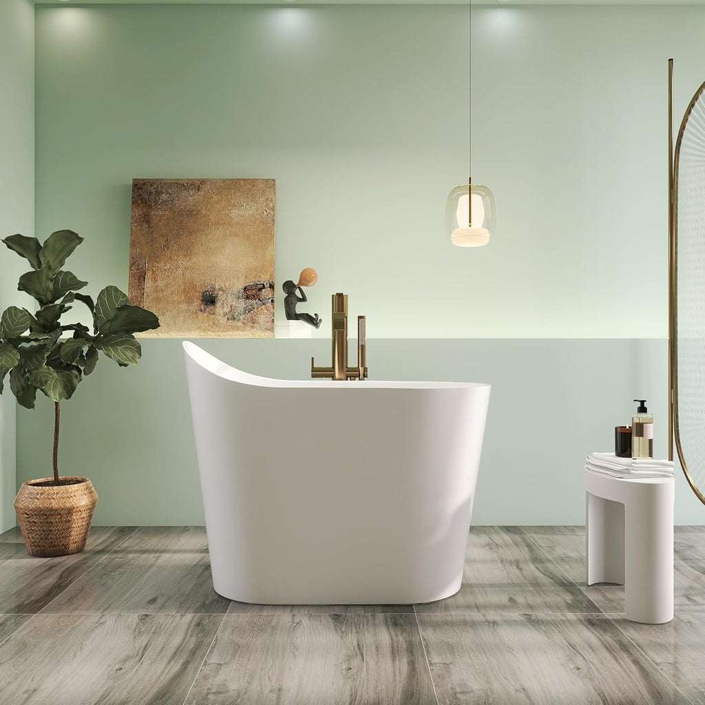 43" Premium Japanese Solid Surface Free Standing Bathtubs, Unique Small Matte White Stone Resin Soaking Tub with Pop-up Drain