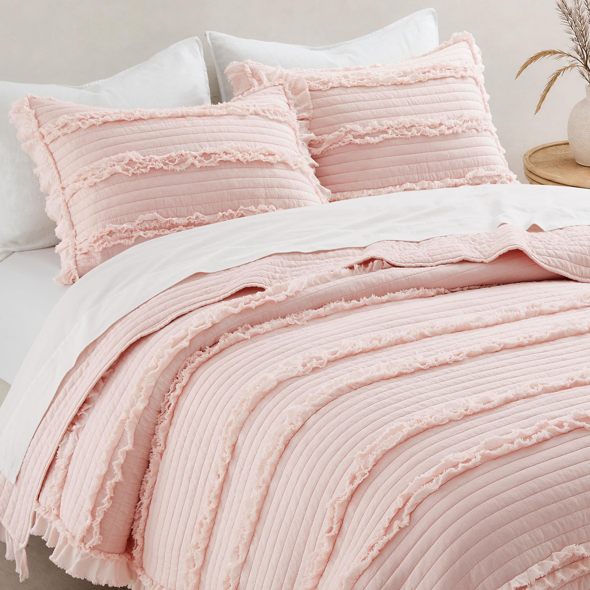 Ultra Soft Ruffle Fringed Quilt, Shabby Chic Rustic Pink Bedding Set, Stone Washed Boho Decorative Quilt