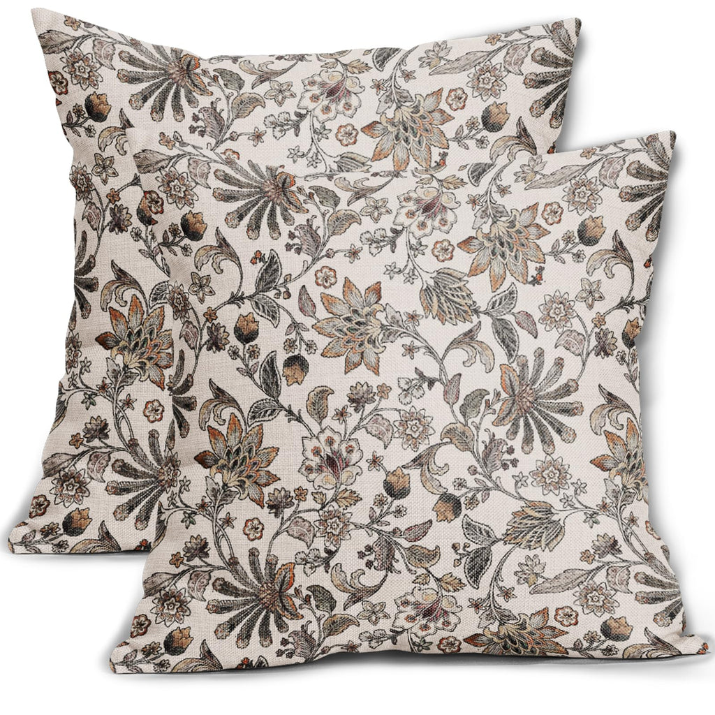 Vintage Floral Pillow Covers 20x20 Inch Set of 2, Brown Grey Antique Flower Tapestry Carpet Pattern Block Print
