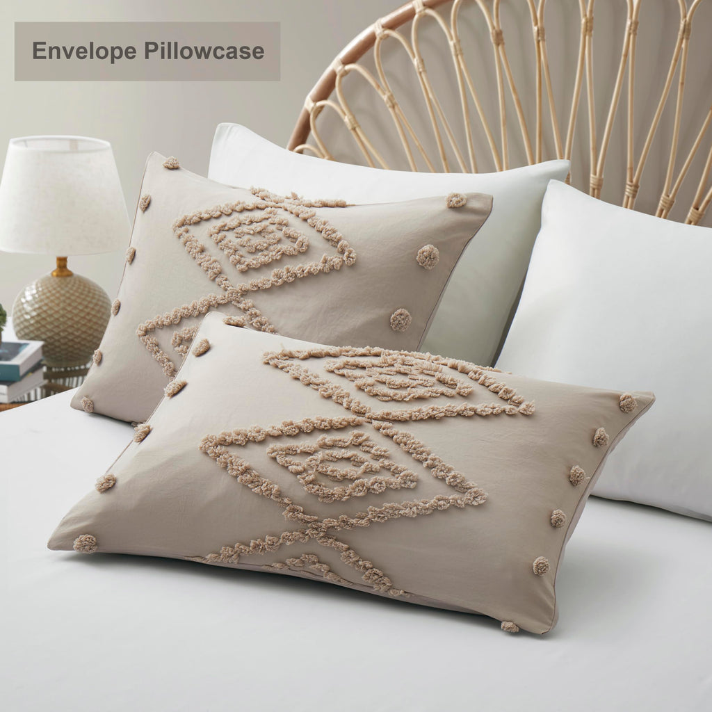 Tufted Boho Queen Duvet Cover Set, Khaki, 3 Pieces