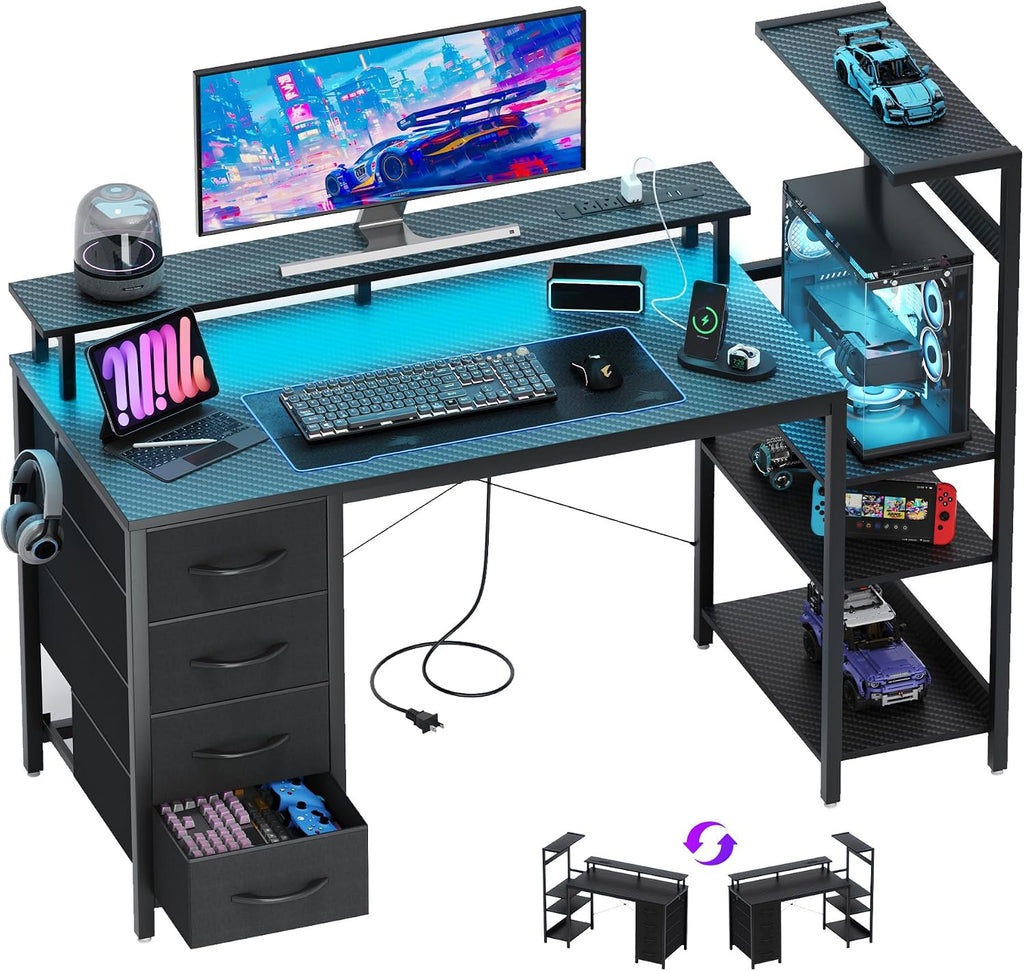51 Inch Gaming Desk with Drawers & PC Tower Stand & LED Lights, Black | Reversible, Monitor Shelf, Power Outlets
