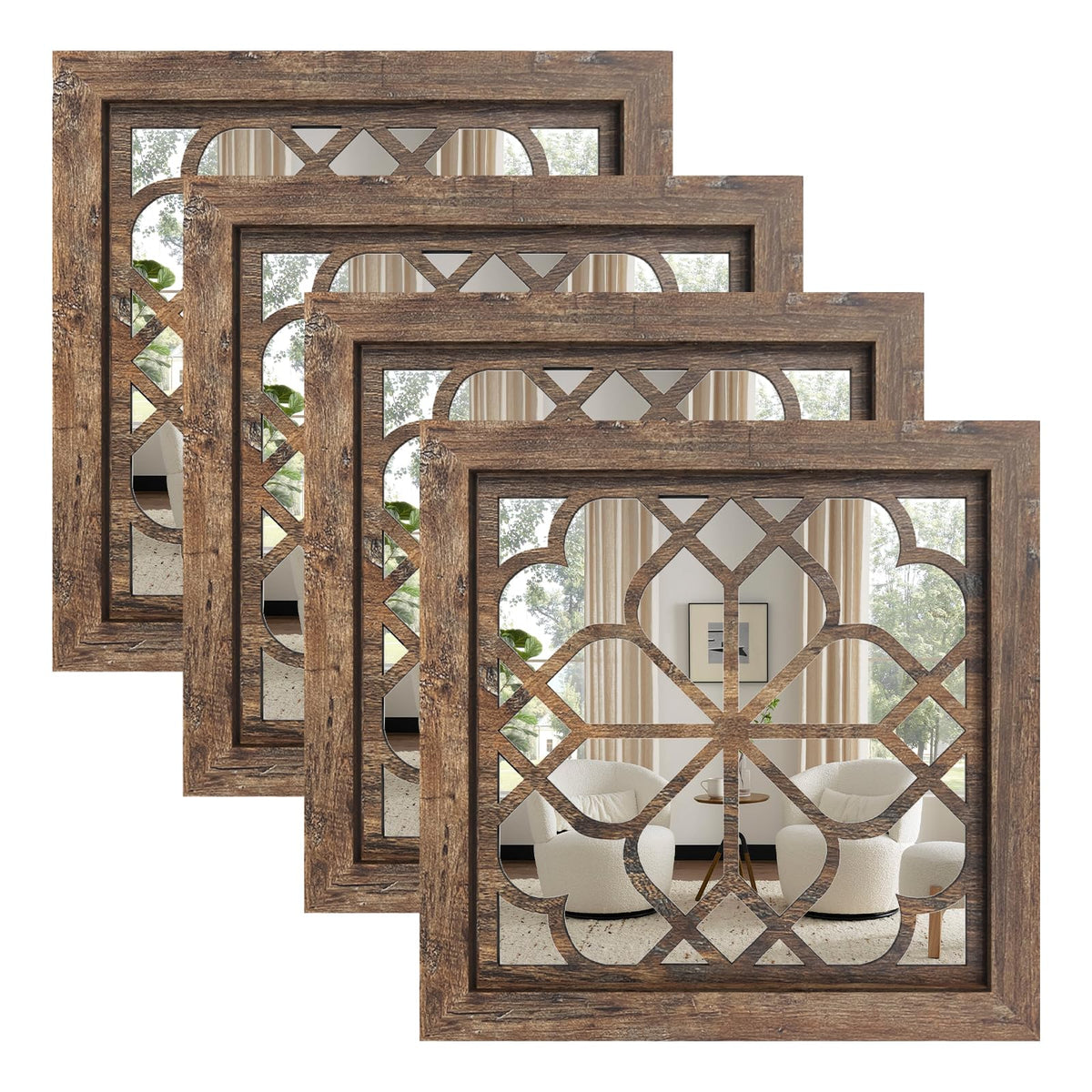 Set of 4 Boho Wall Mirrors with Carved Floral Design, 12x12 Inch Rustic Farmhouse Accent Mirrors, Vintage Style