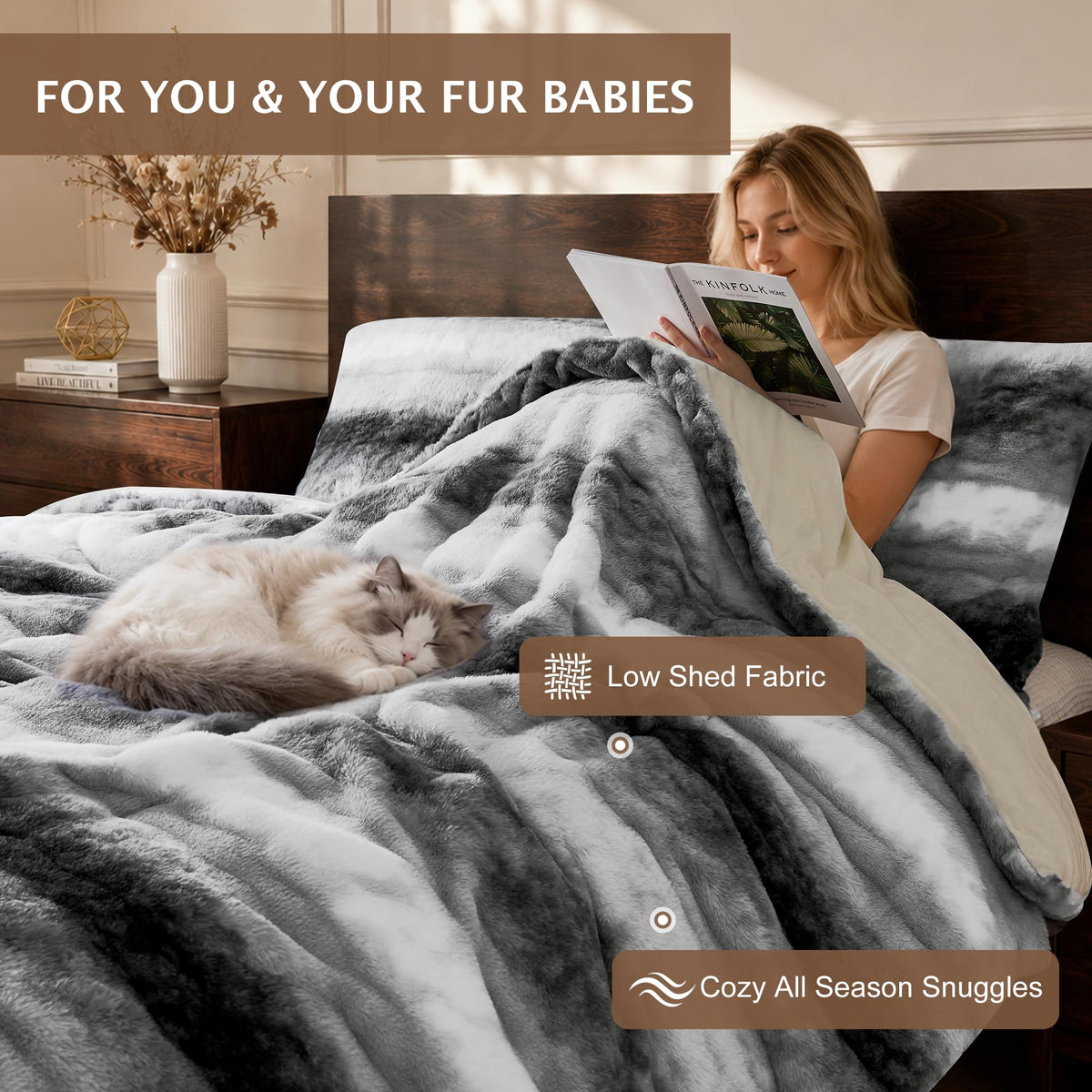 Fluffy Faux Fur Comforter Set, 2-Piece Plush Bedding, Grey
