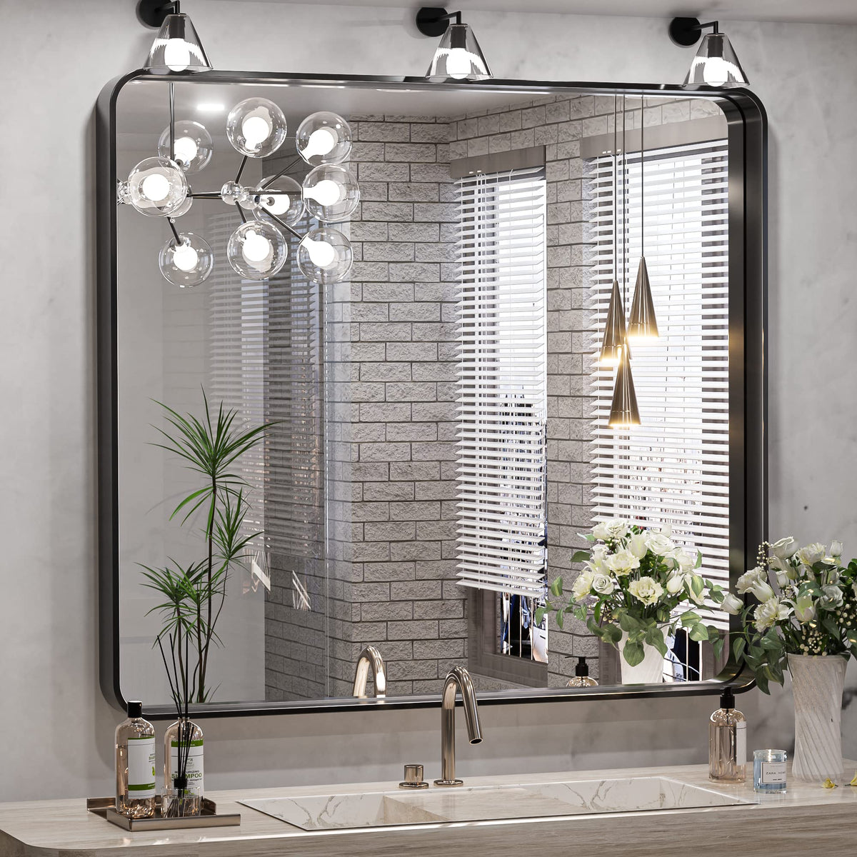 36 x 36 Inch Wall Mirror Black Bathroom Vanity Mirror with Metal Frame Aluminum Alloy Soft Rounded Corner for Modern