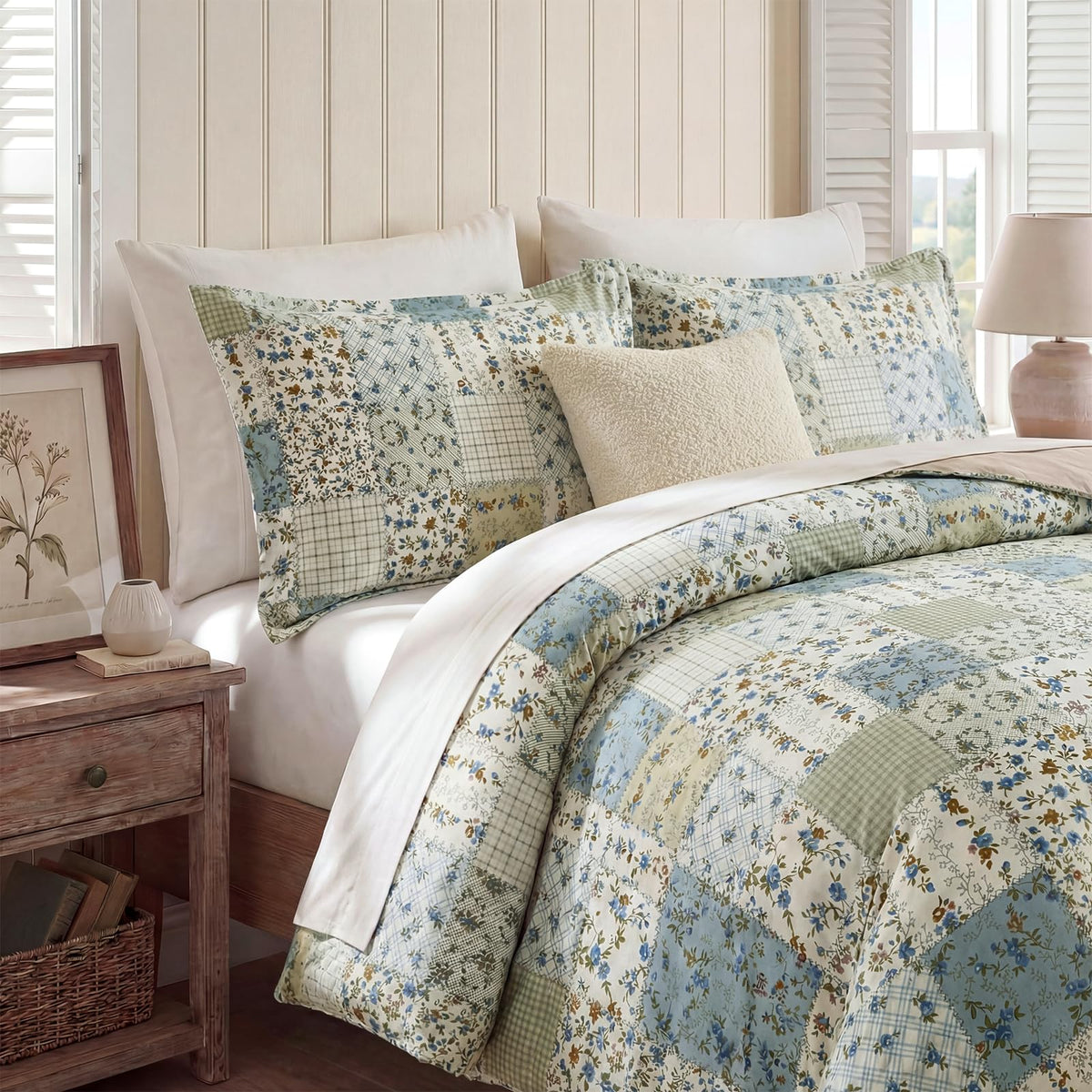 Vintage Floral Comforter Set 100% Cotton Blue Patchwork Bedding Comforter Sets All Season 3 Pieces Shabby Chic