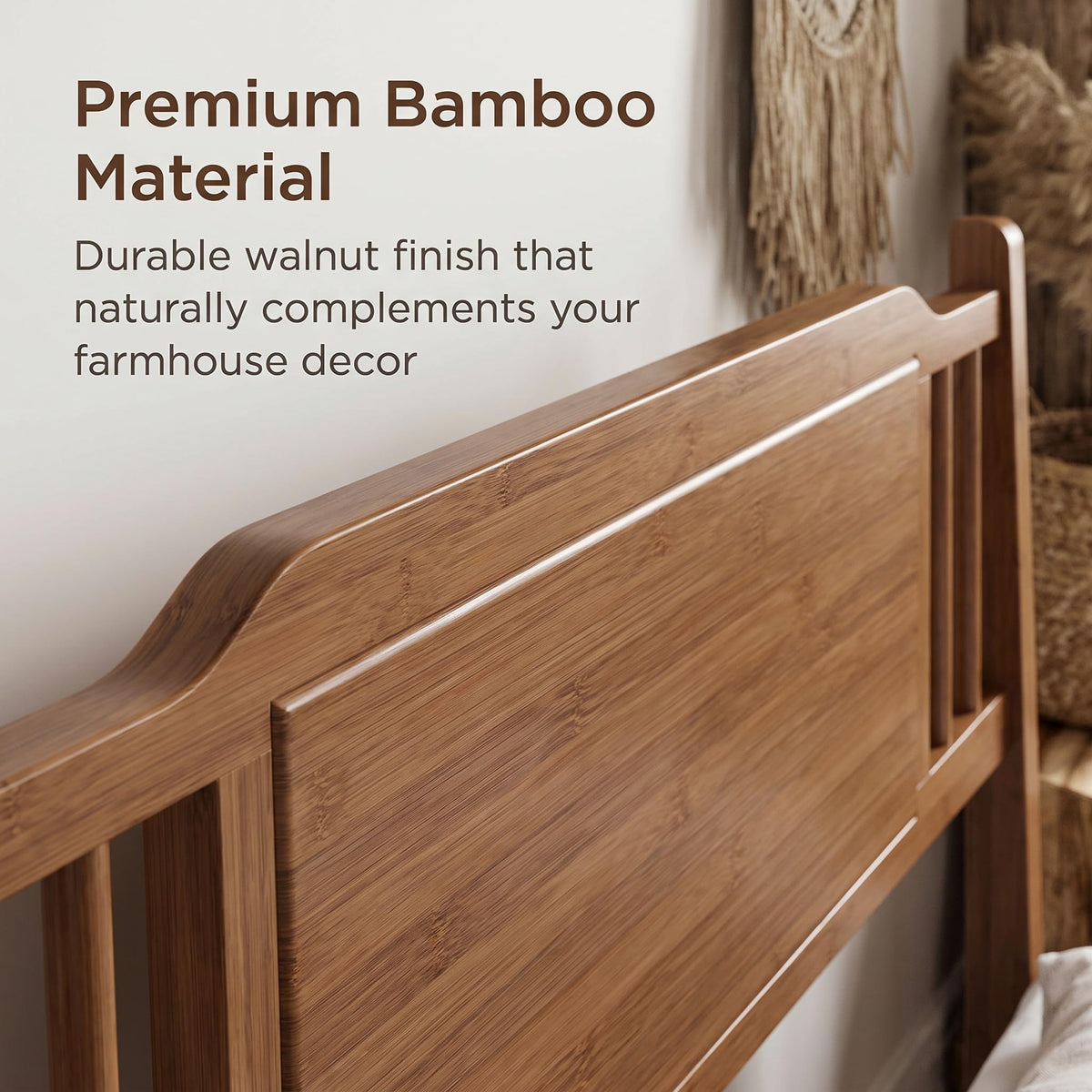 Bamboo Bed Frame with Farmhouse Headboard, Warm Brown Color