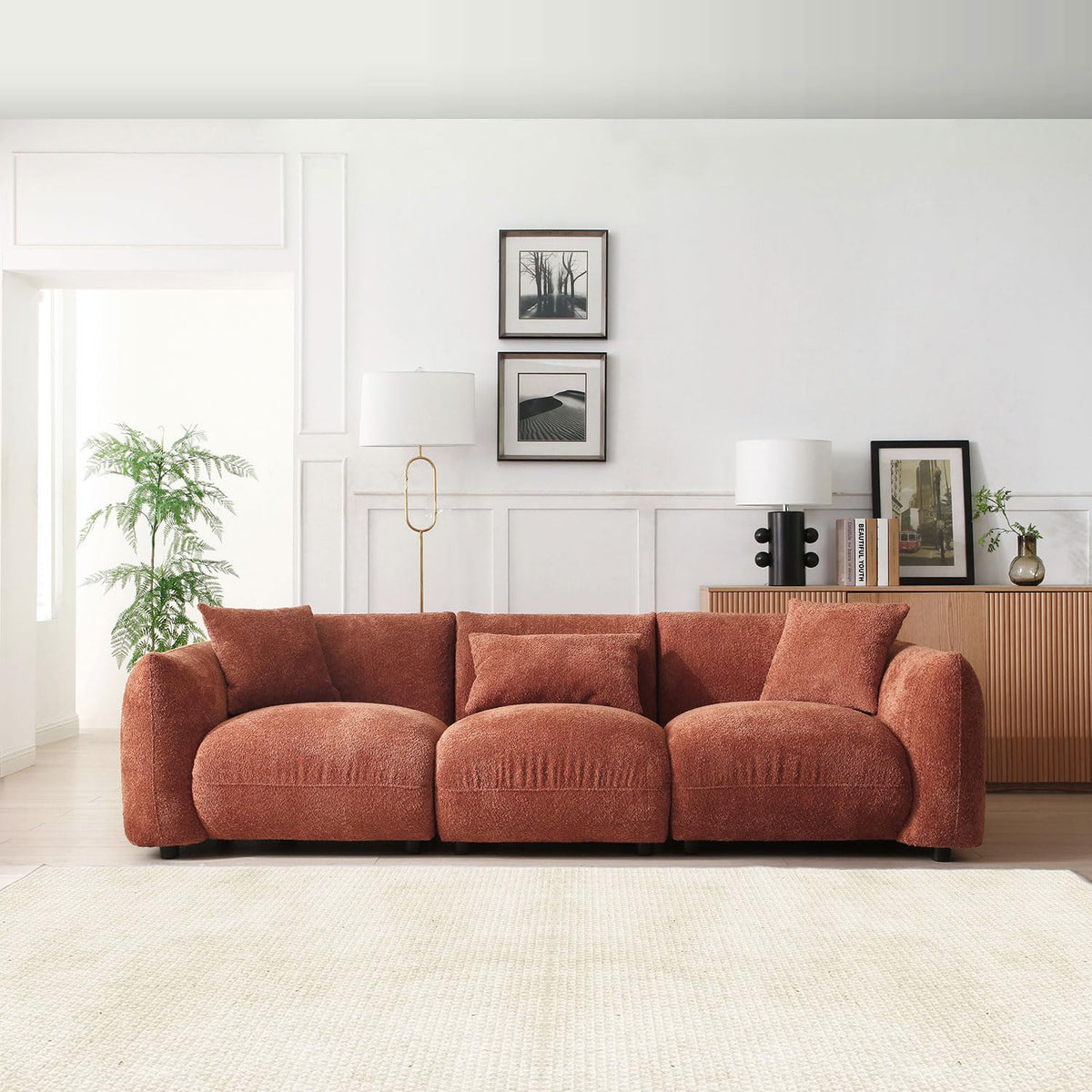 102.36" Modular Sectional Sofa, Modern Back Upholstered Comfy Sofa Couch with 3 Throw Pillows, Teddy Boucle Sofa