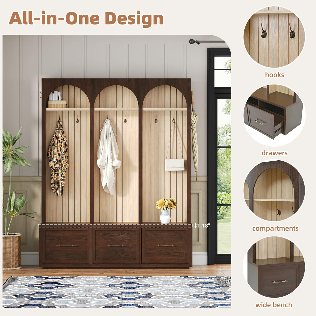 Farmhouse Wood Hall Tree with Shoe Bench and 3 Drawers, 4-in-1 Entryway Coat Rack with 8 Hooks for Entrance, Hallway