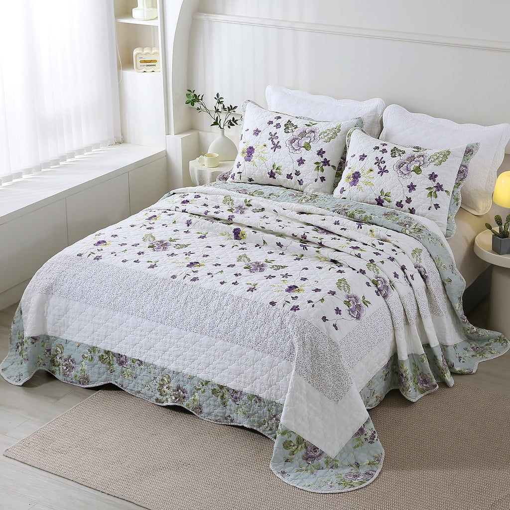3-Piece Floral Embroidered Quilt Set Oversize Queen 100% Cotton Ultra Soft Elegant Reversible Bedspread Coverlet Set