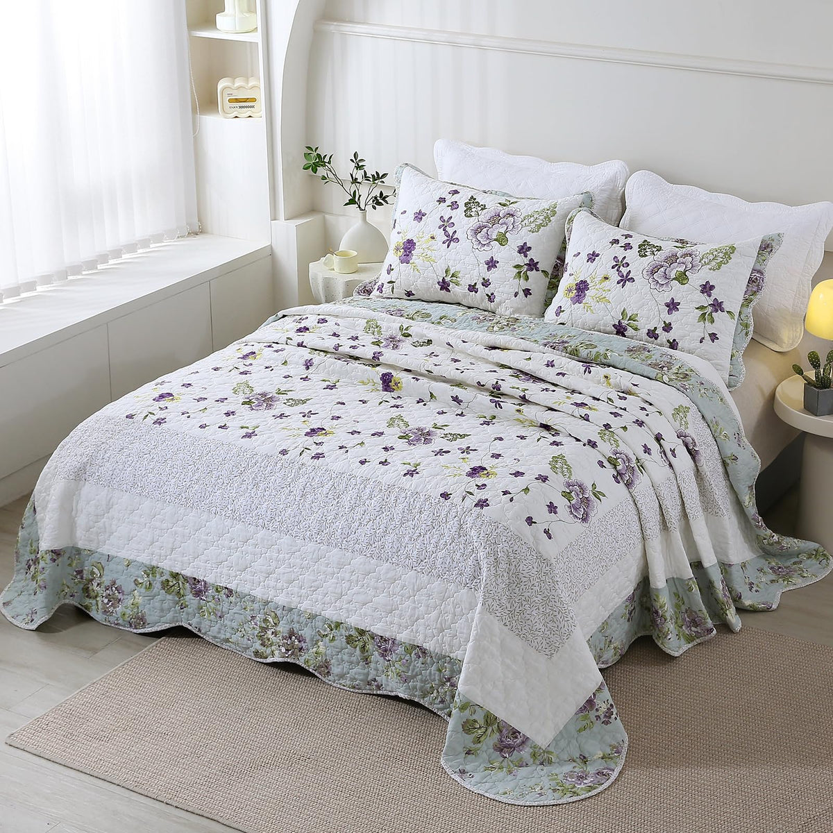 3-Piece Floral Embroidered Quilt Set Oversize Queen 100% Cotton Ultra Soft Elegant Reversible Bedspread Coverlet Set