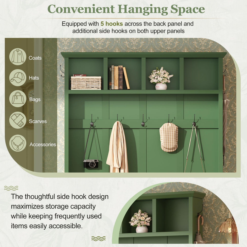 55" Farmhouse Hall Tree with Black Hooks & Walnut Bench, Green