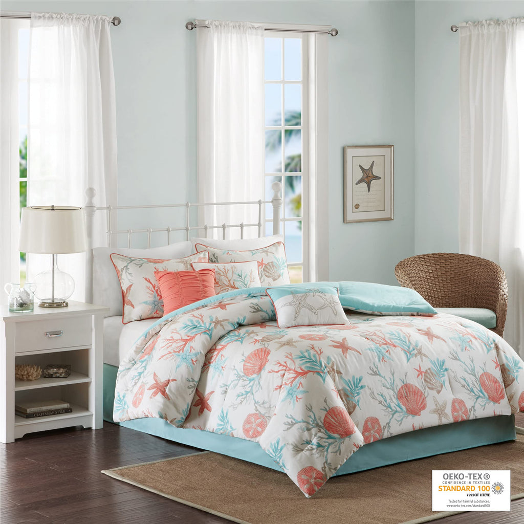Cotton Coastal Starfish Coral Queen Comforter Set, 7pc