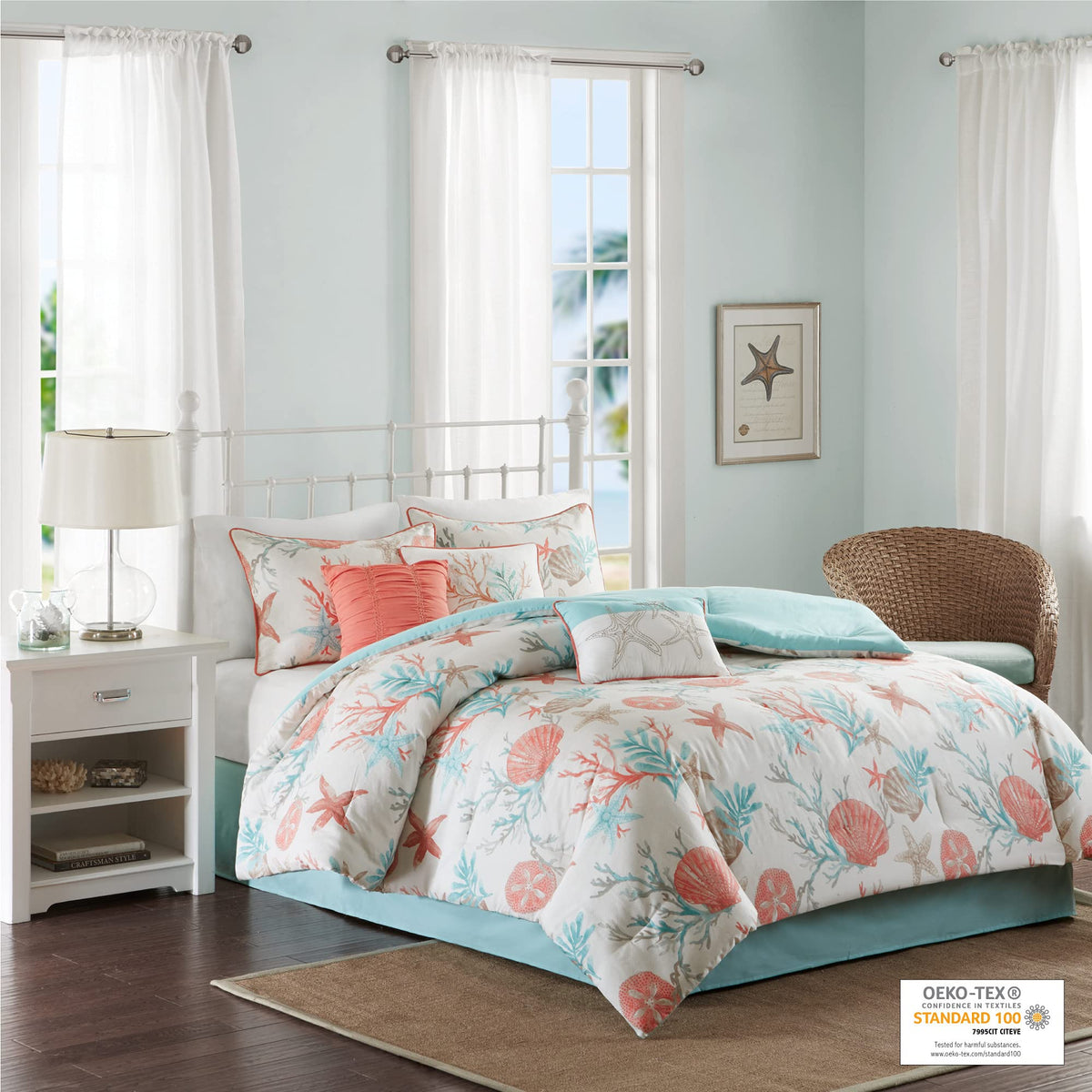 Cotton Coastal Starfish Coral Queen Comforter Set, 7pc