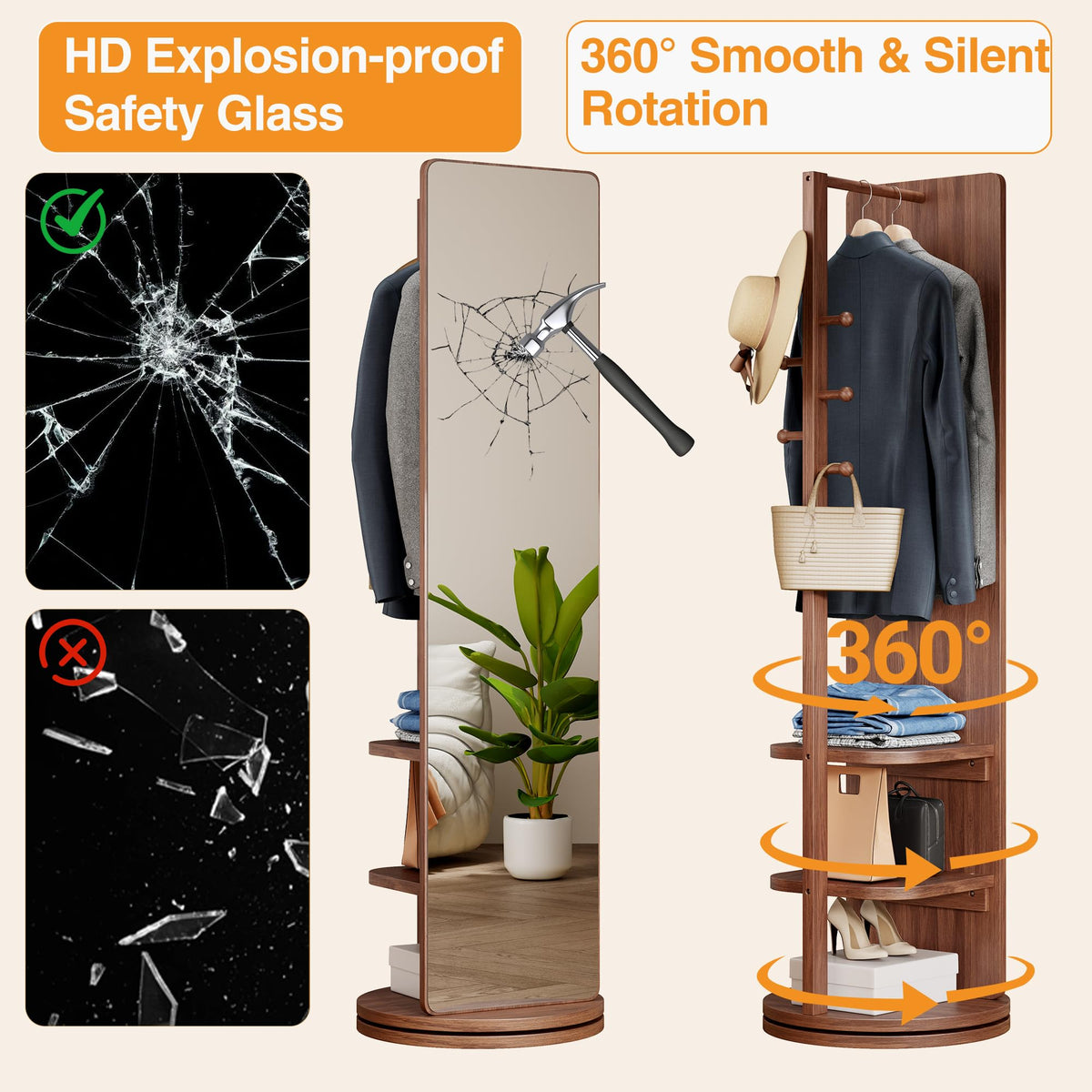 Full Length Mirror with Coat Rack & Storage, 360° Rotating Solid Wood Standing Floor Mirror with Shelves, Dressing