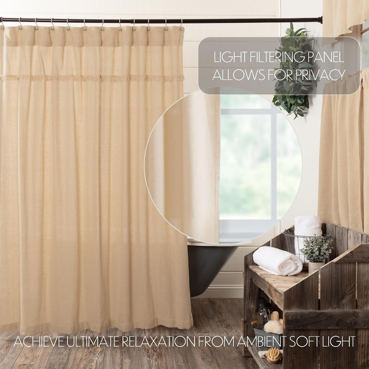 100% Cotton Burlap Vintage Farmhouse Bath Decor Fringed Shower Curtain- Beige, 72x72