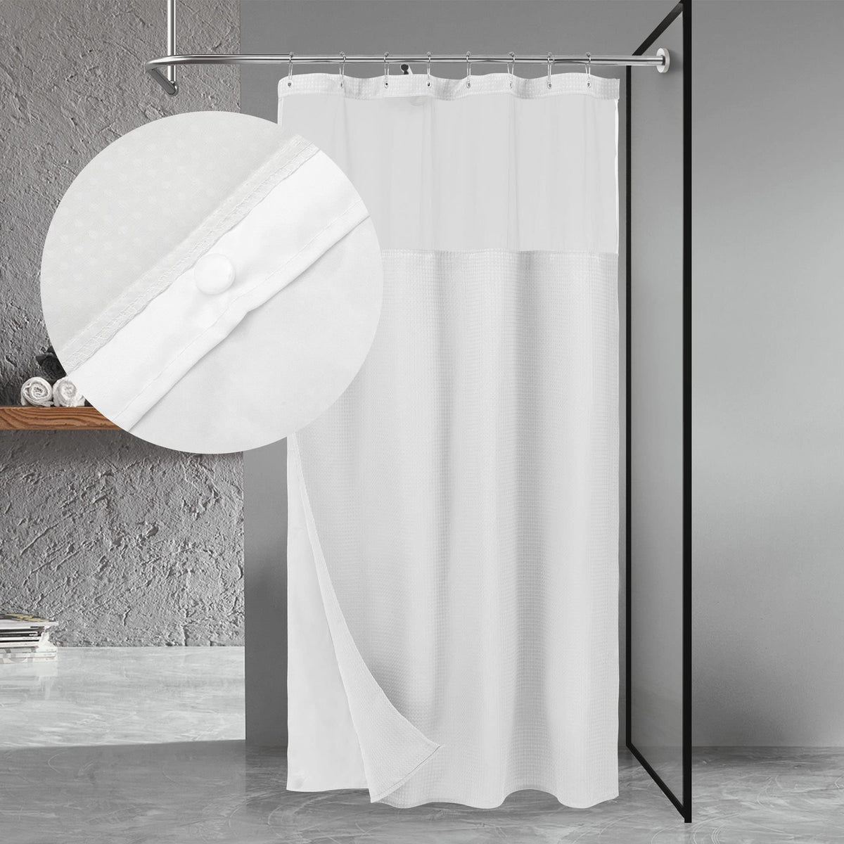48 x 72 Waffle Weave Shower Curtain with Snap-in Liner Set White