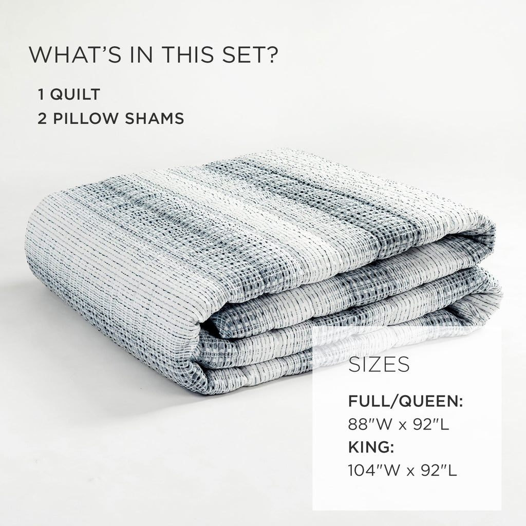 Yarn Dyed Textured Stripe Waffle Quilt Set, 3 Piece Set, Navy & White - Soft Waffle Bedding Set - Blue Quilt