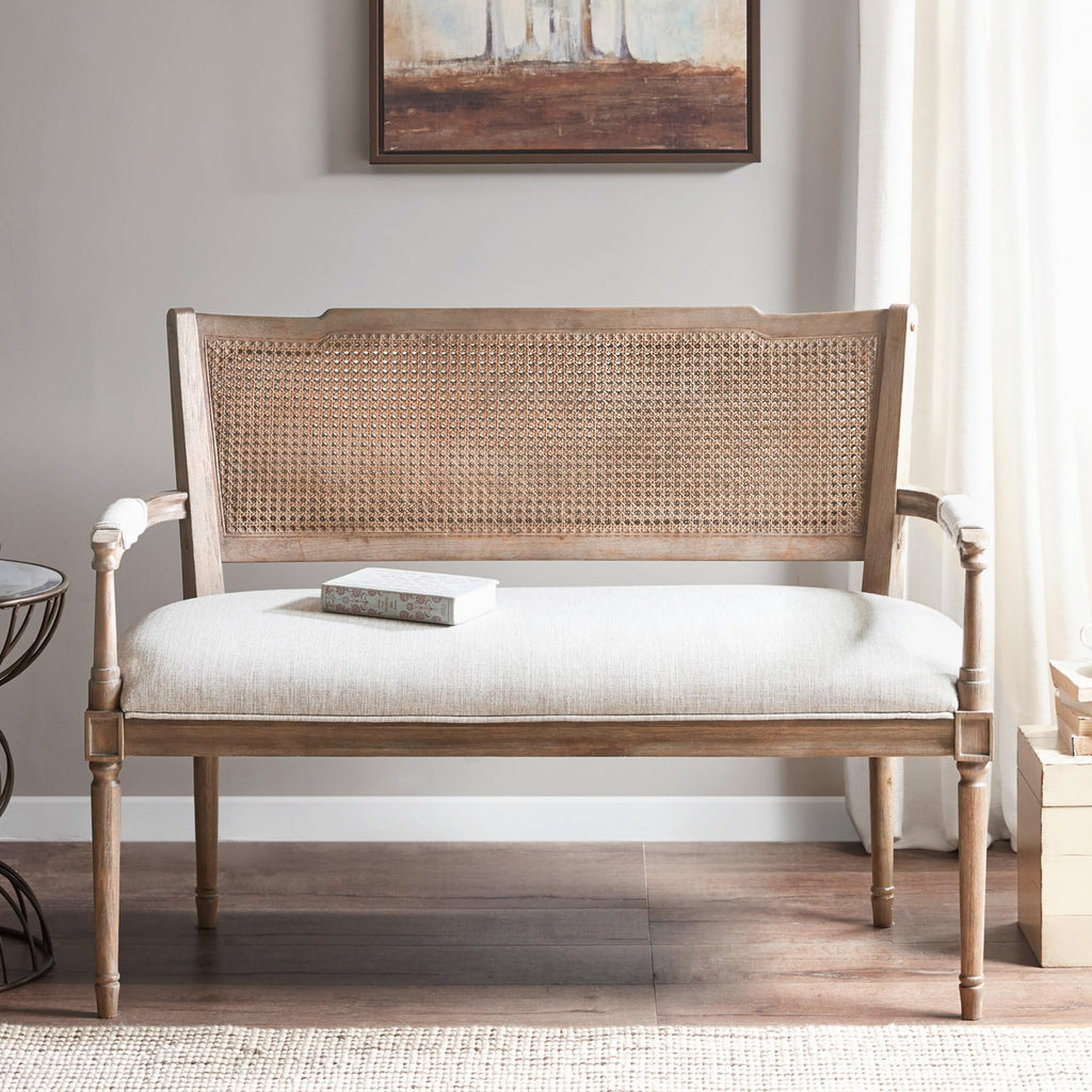 Willshire Natural Rattan Settee, Upholstered Seat - Charming Country Design, Rustic Reclaimed Wood Finish, Ratan