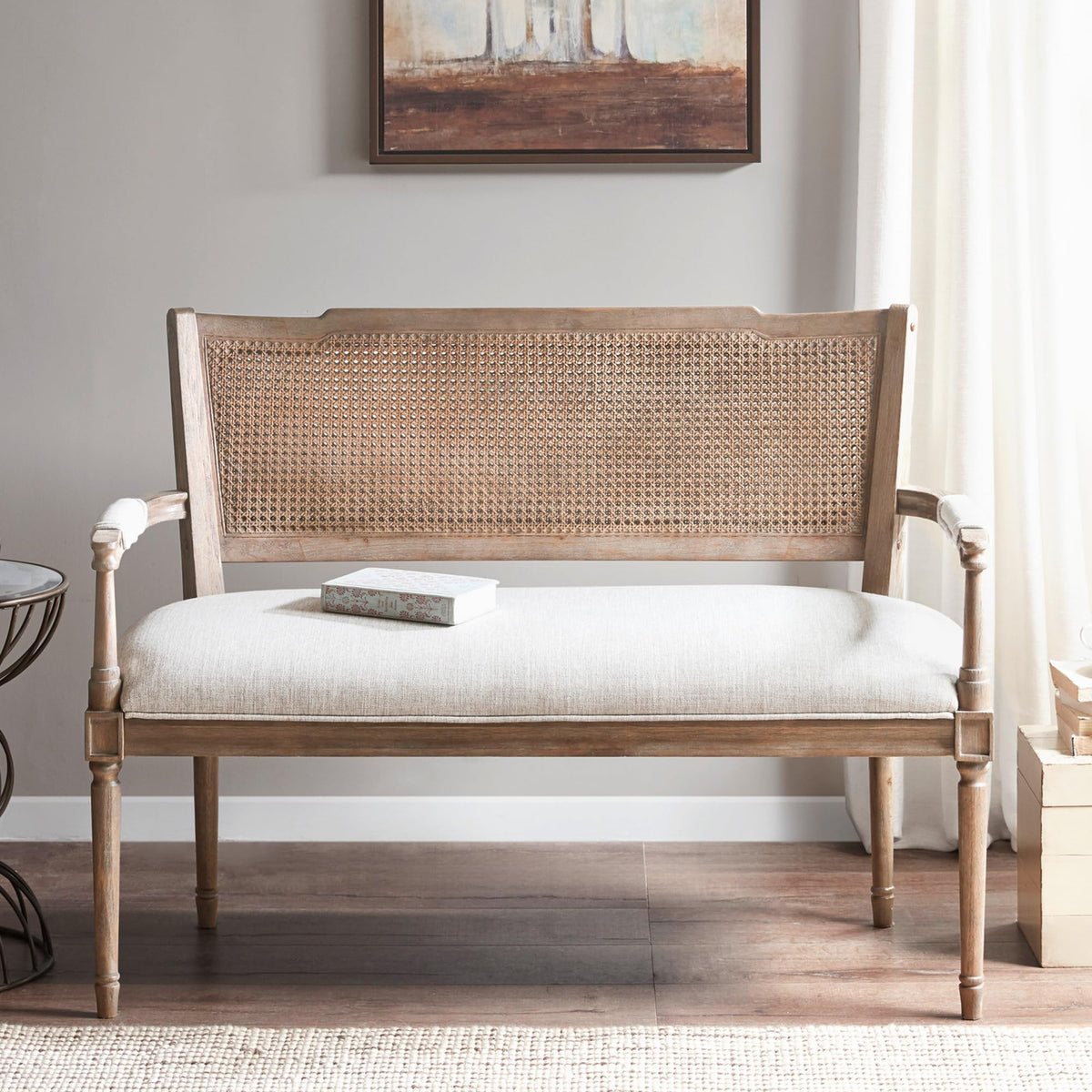 Willshire Natural Rattan Settee, Upholstered Seat - Charming Country Design, Rustic Reclaimed Wood Finish, Ratan