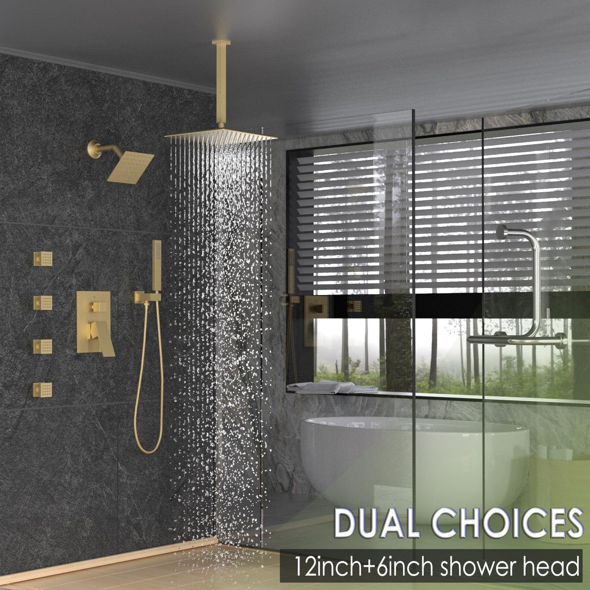 Dual Shower Head Shower System with Body Jets, 12" Ceiling Mounted Rain Shower Head & 6" Wall Mounted Head Full Body