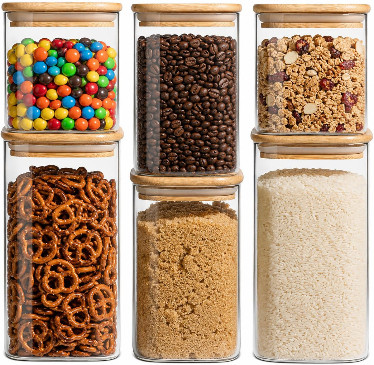 Airtight Glass Storage Containers with Lids Set of 6, 25 /37 /50oz Square Glass Jars with Bamboo Lids, Kitchen