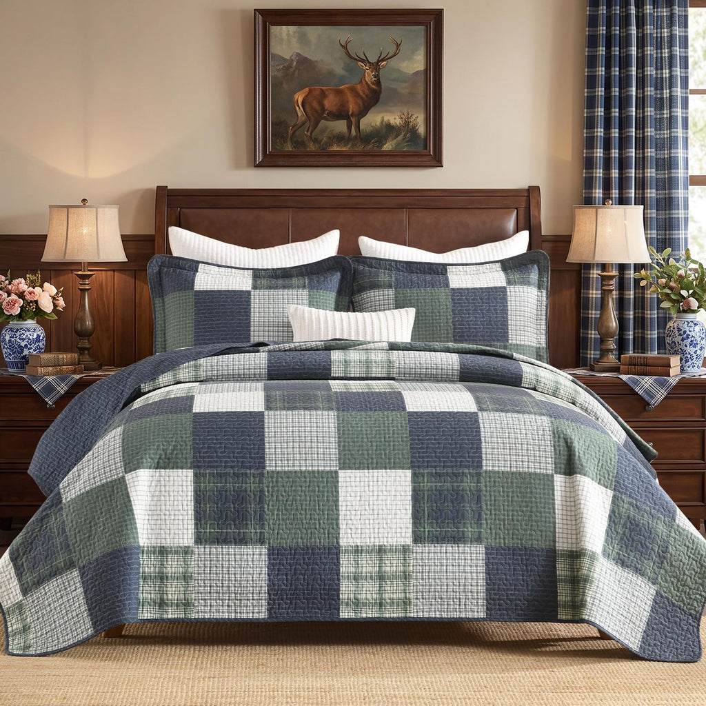 Rustic Quilt Set, 100% Cotton Plaid Patchwork Bedspreads