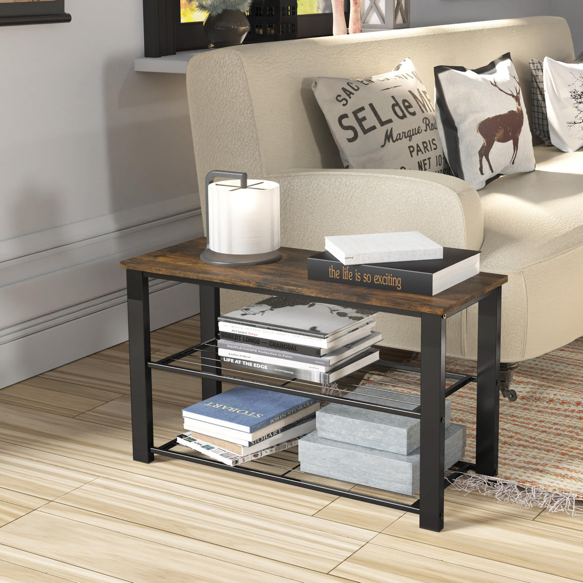 Wooden Top Shoe Rack Bench, Rustic Brown