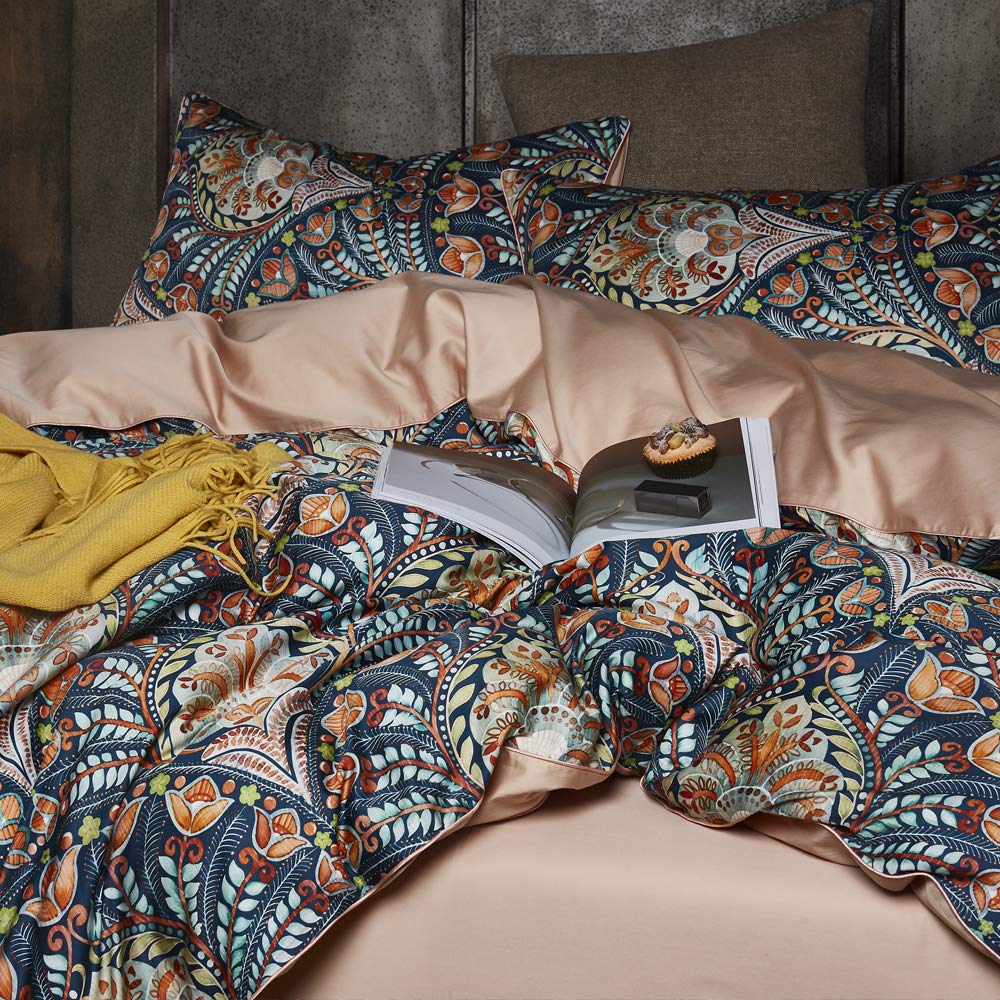 Boho Duvet Cover Queen, Paisley Flower Printed Long Staple Cotton Duvet Cover with 2 Pillowcases, Retro Damask