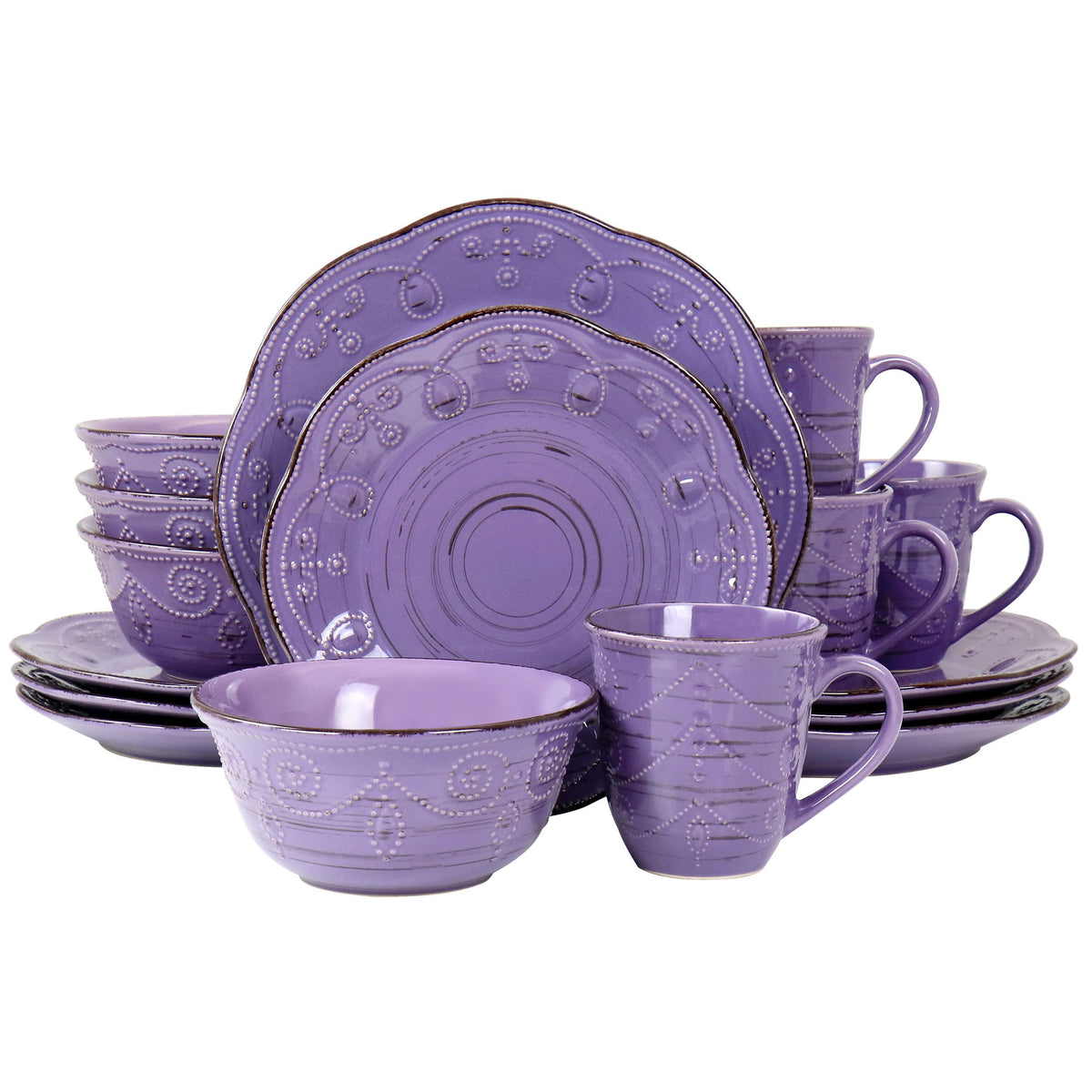 Rustic Birch 16 Piece Stoneware Dinnerware Set in Purple, Purple with Brown Accents, (EL-RUSTICBIRCH)