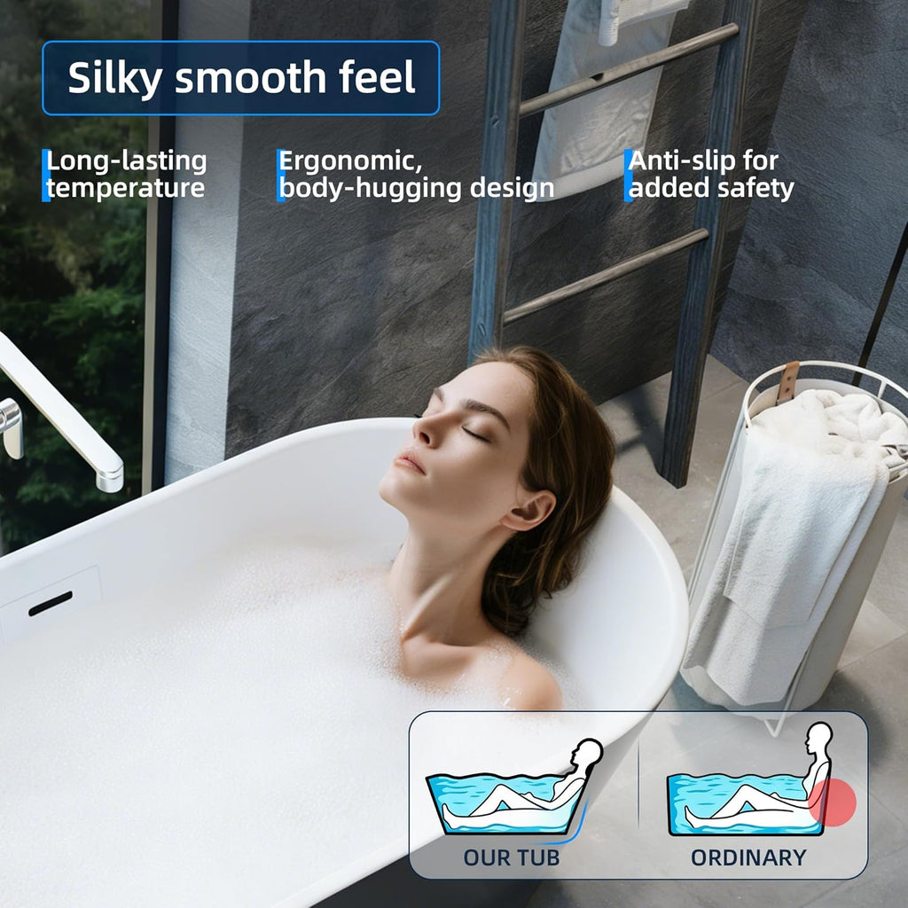 59 Inch Freestanding Bathtub, Acrylic, Deep Soaking Tub with Non-Slip Base, Modern Black Free Standing Tub for Bathrooms, cUPC Certified with Chrome Drain