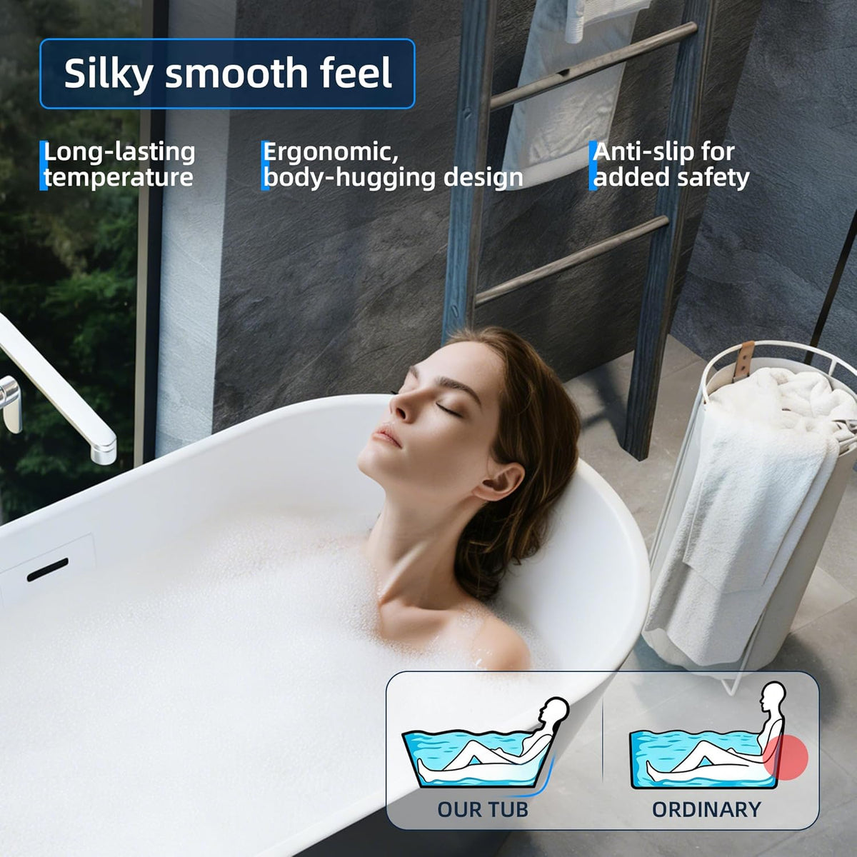 59 Inch Freestanding Bathtub, Acrylic, Deep Soaking Tub with Non-Slip Base, Modern Black Free Standing Tub for Bathrooms, cUPC Certified with Chrome Drain