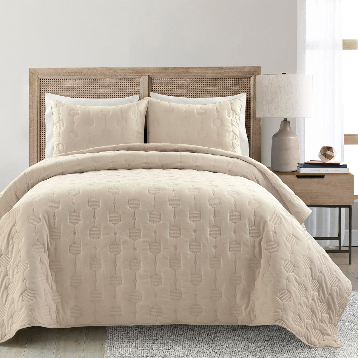 Hexagon Honeycomb Embroidered Textured Cotton 3 Piece Quilt Set, Neutral