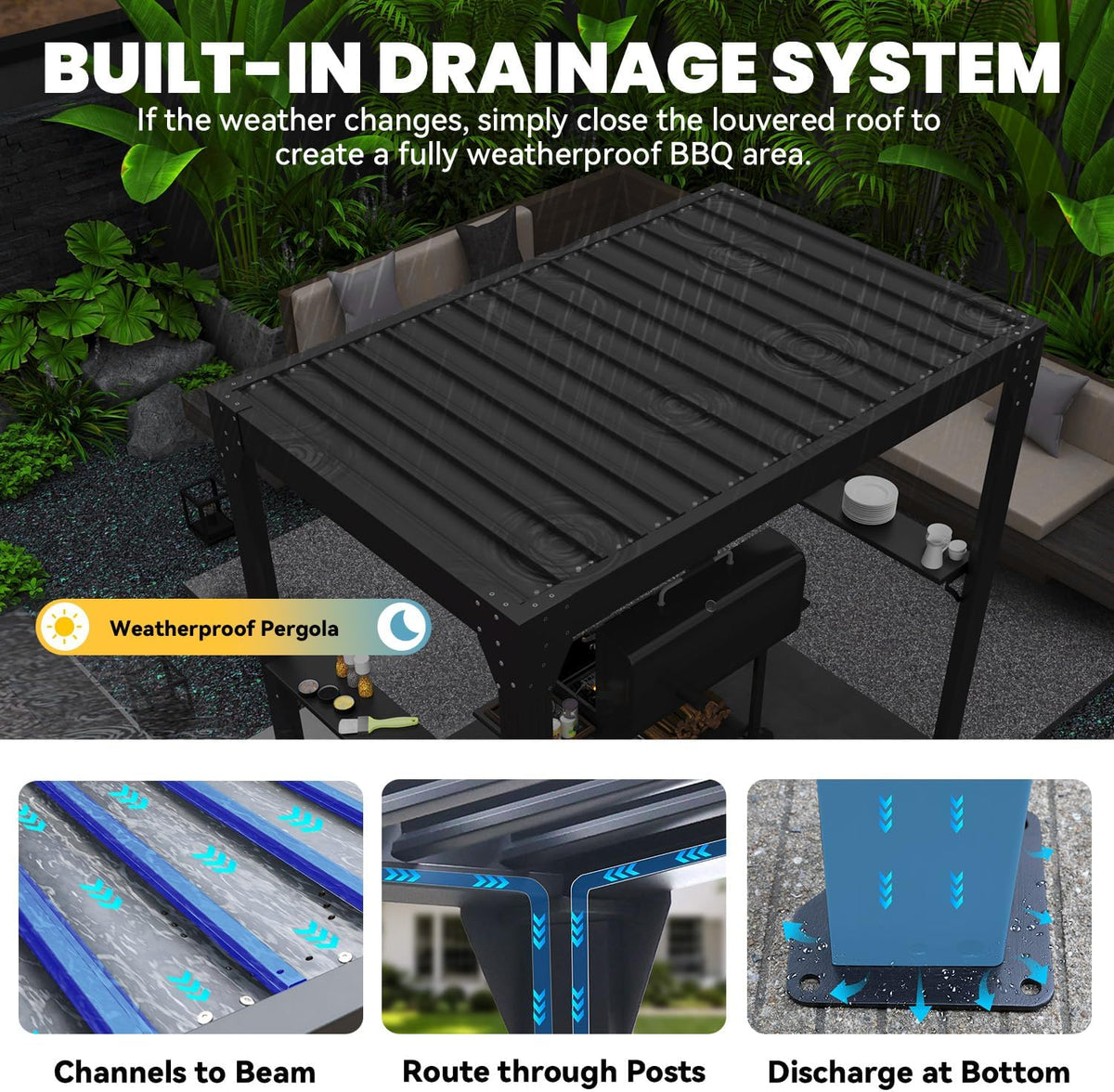 8x5 Louvered Pergola, Aluminum BBQ Pergola, Hardtop Gazebo Grill, Adjustable Rainproof Roof, Pergolas, Black