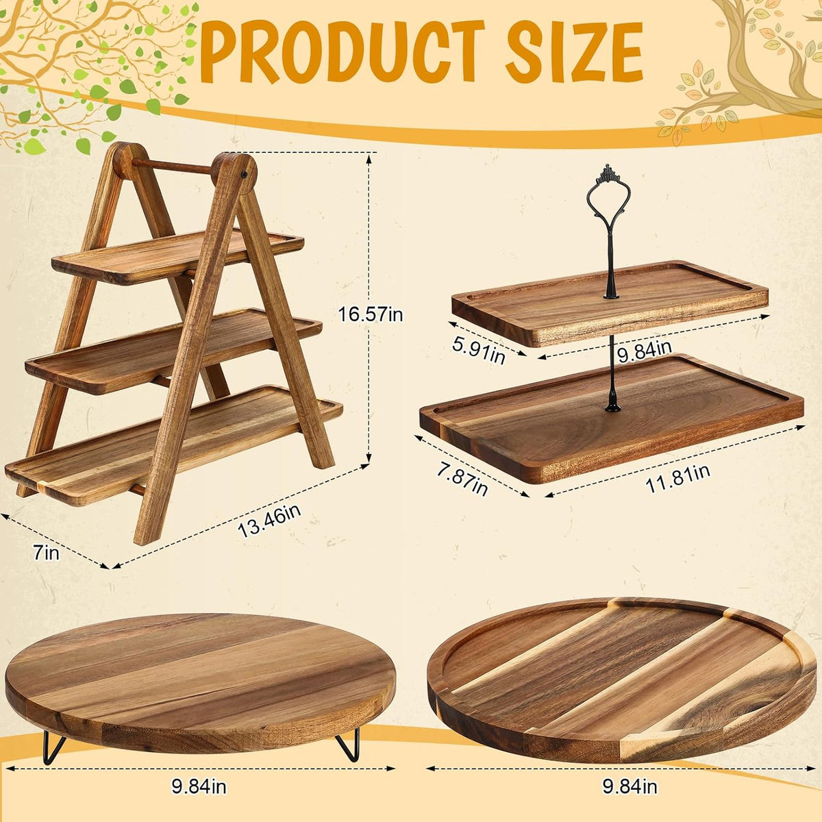 5 Pcs Wooden Dessert Table Display Set, Farmhouse 2 Tier Cupcake Stand 3 Tier Wood Cake Tower Round Serving Tray Food