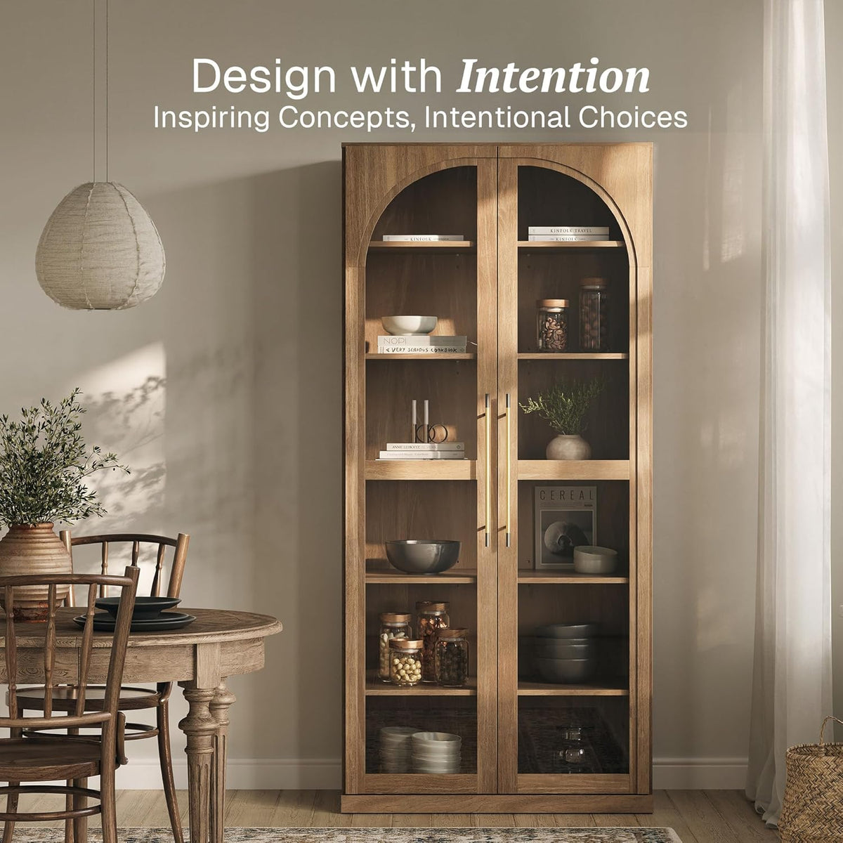 67" Jagger Glass Display Cabinet - Camel | 6-Tier,Wood Curio Cabinet,Adjustable Shelf,Trophy Showcase,Modern,Living