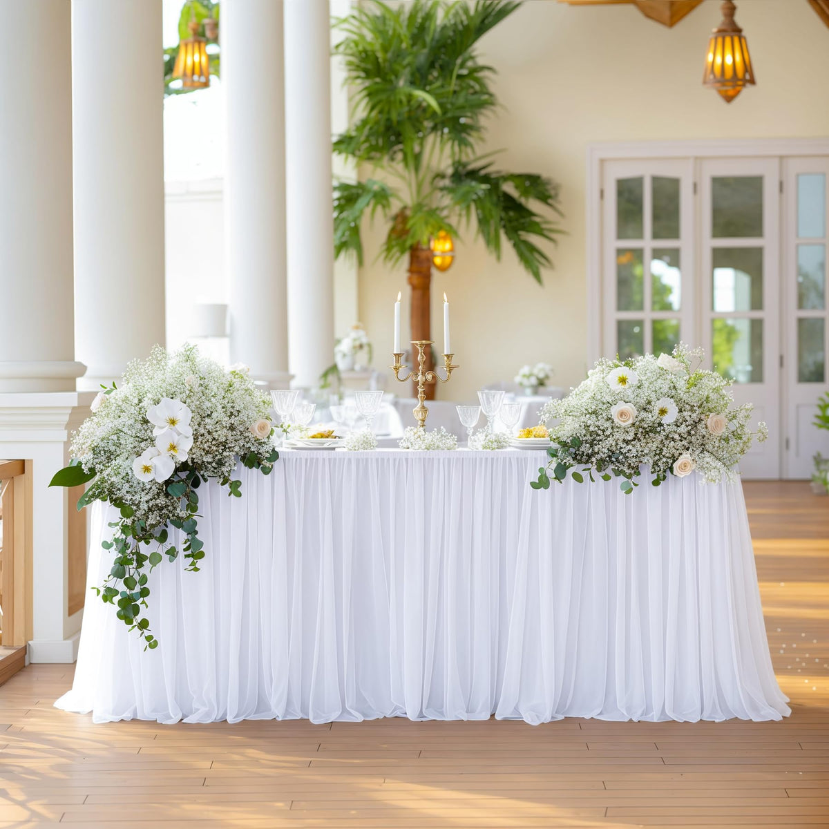 Table Cloths 6 Foot Rectangle Stretch Ruffle Tulle Tablecloth Spandex Fitted Table Cover for 6 Foot Tables White