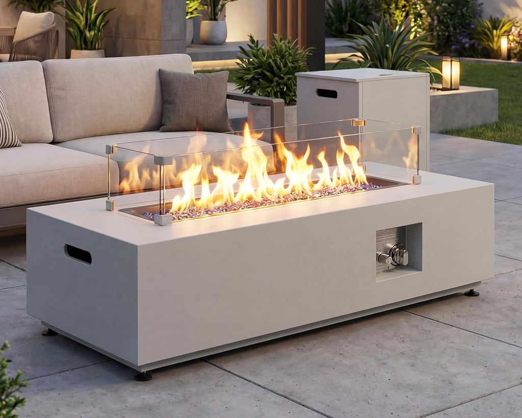 42" Outdoor Propane Fire Pit Table, 50,000 BTU Rectangle Natural Gas Firepit with Tank Table, No Assembly Low Profile Fire Table for Outside Patio & Backyard, CSA Certified, Grayish White