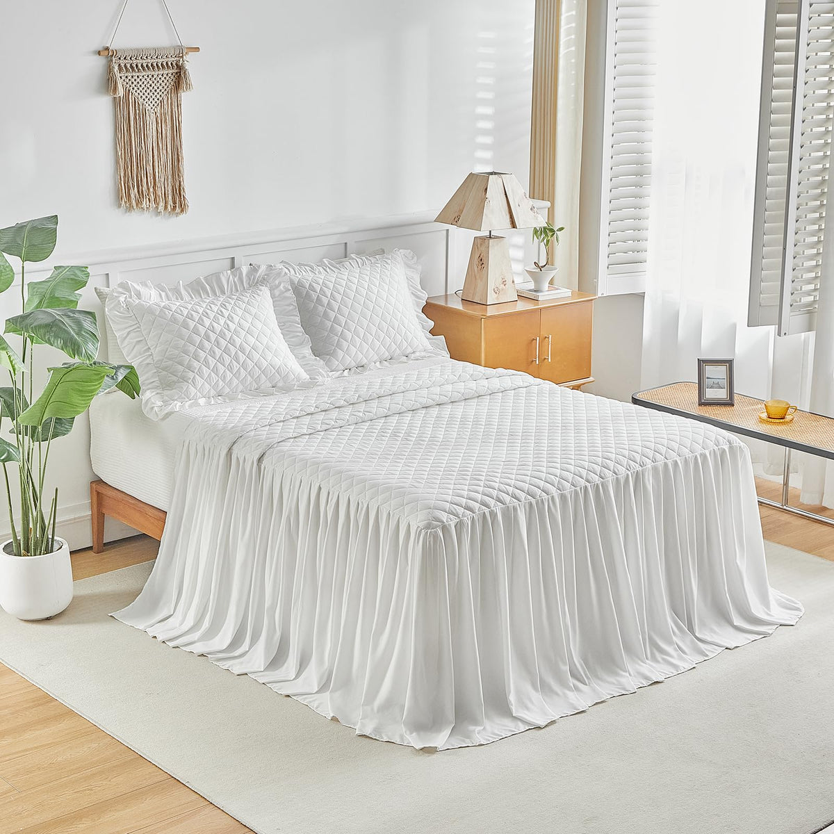 Ruffle Skirt Bedspread Set - 30" Long Drop - Vintage Chic Ruffled Summer Coverlet Bed Spreads Quilt Boho Bedding