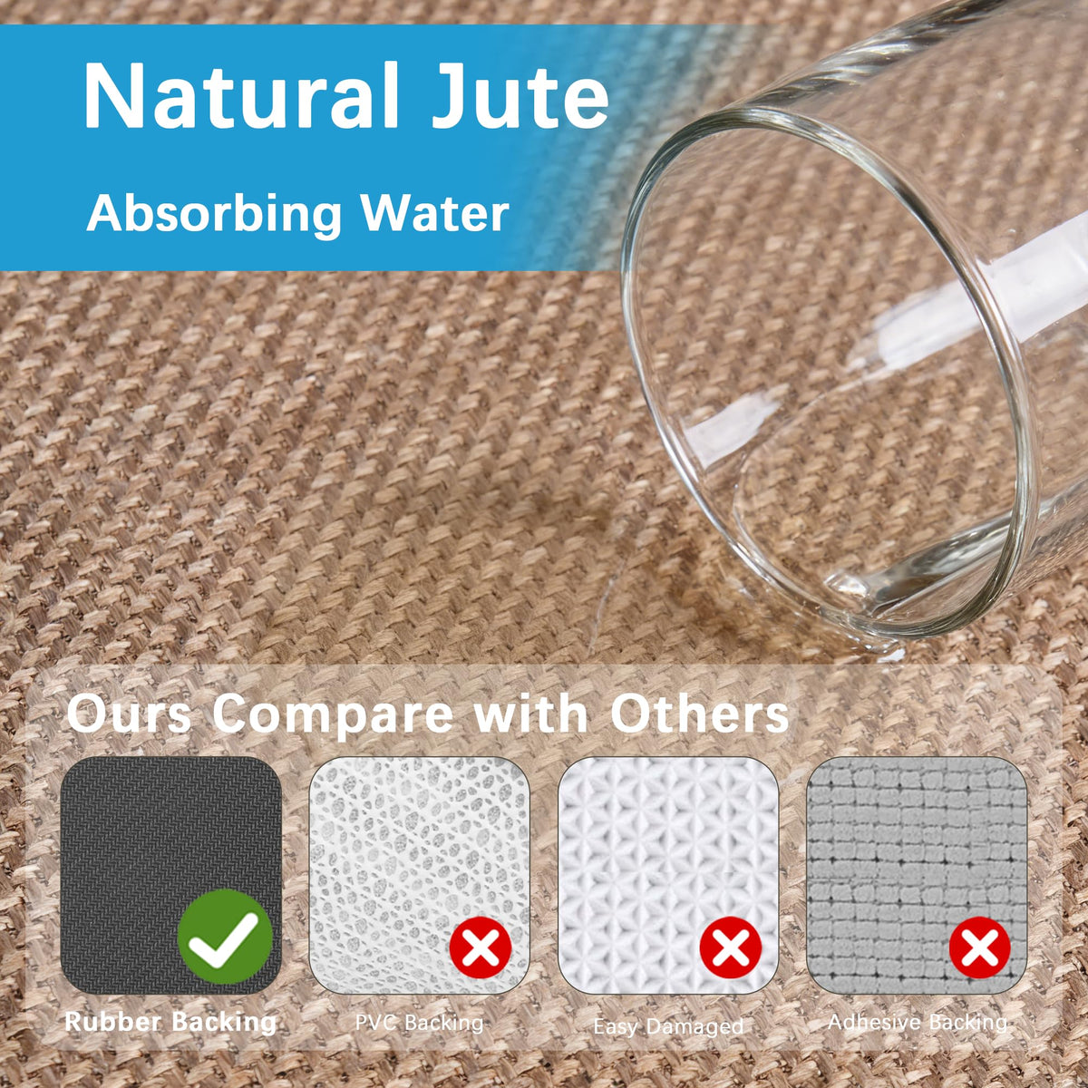 15ft Natural Jute Hallway Runner Rug Non Slip Washable, Rubber Backed Long Khaki Indoor Entryway Runner, Absorbent