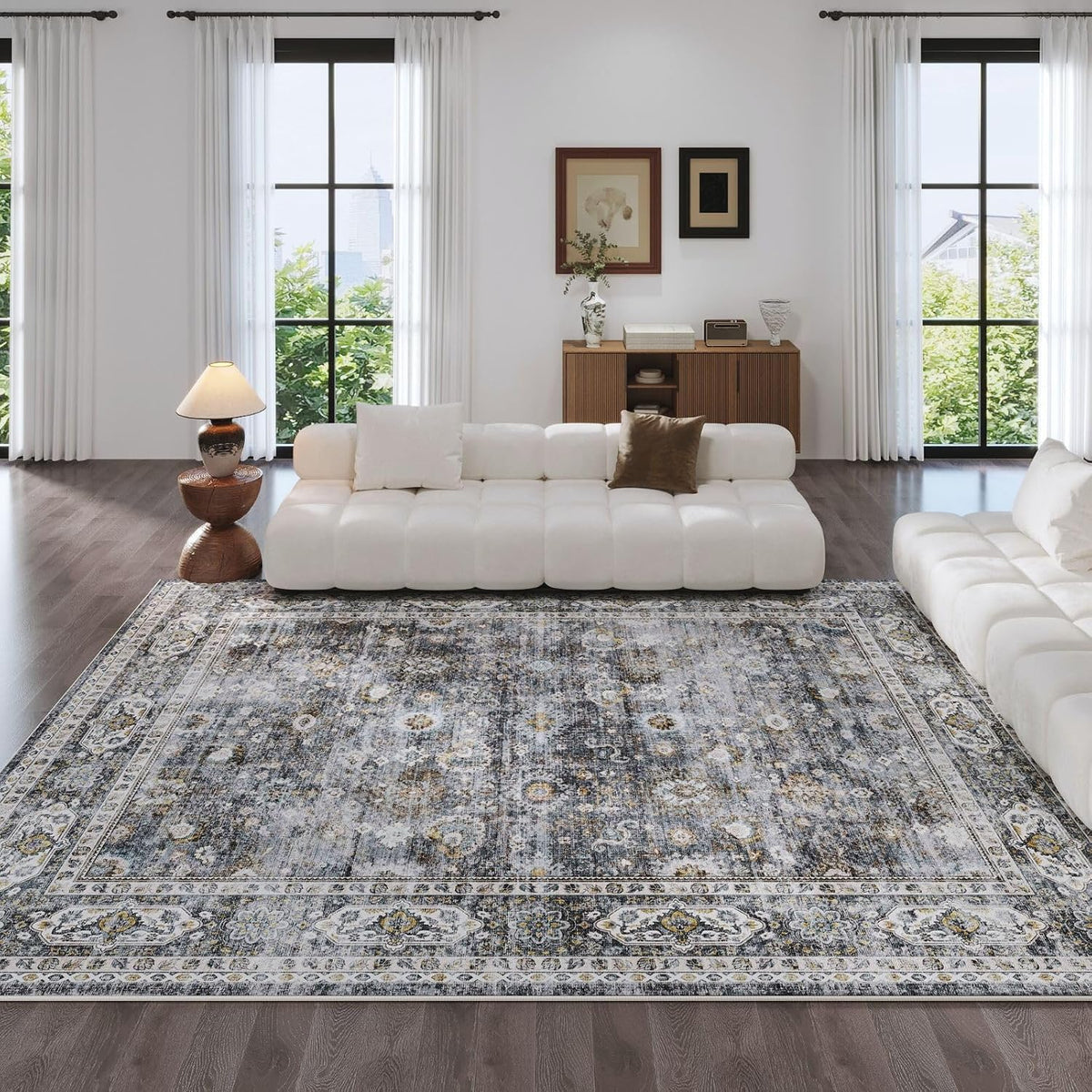 Large Living Room Rug Washable Non Slip Vintage, Grey