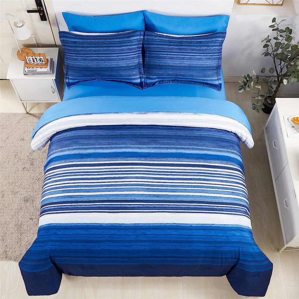Striped Comforter Set, 5 Piece Bed in a Bag, Blue