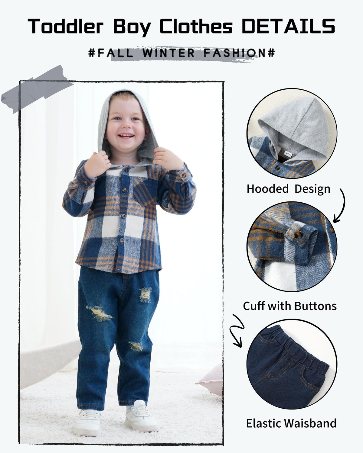 Boy Clothes Baby Grey Blue Plaid Hoodie Jeans Outfits